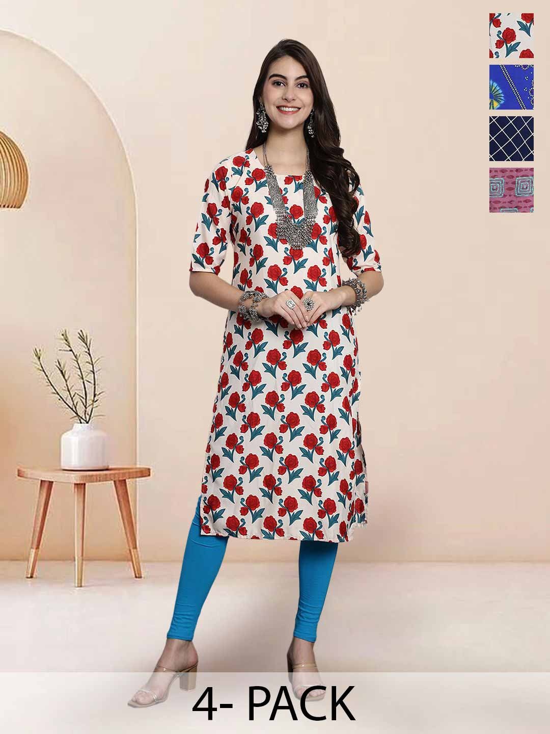 

7Threads Selection Of 4 Floral Printed Round Neck Straight Kurtas, White