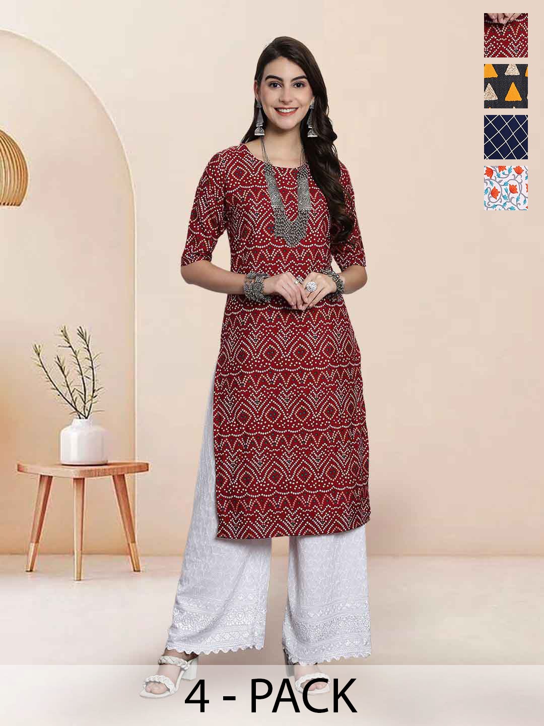 

7Threads Selection Of 4 Ethnic Motifs Printed Round Neck Straight Kurtas, Red