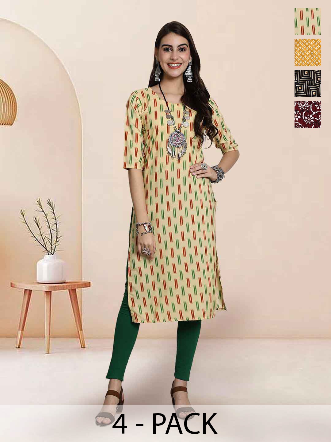 

7Threads Selection Of 4 Floral Printed Round Neck Straight Kurtas, Mustard