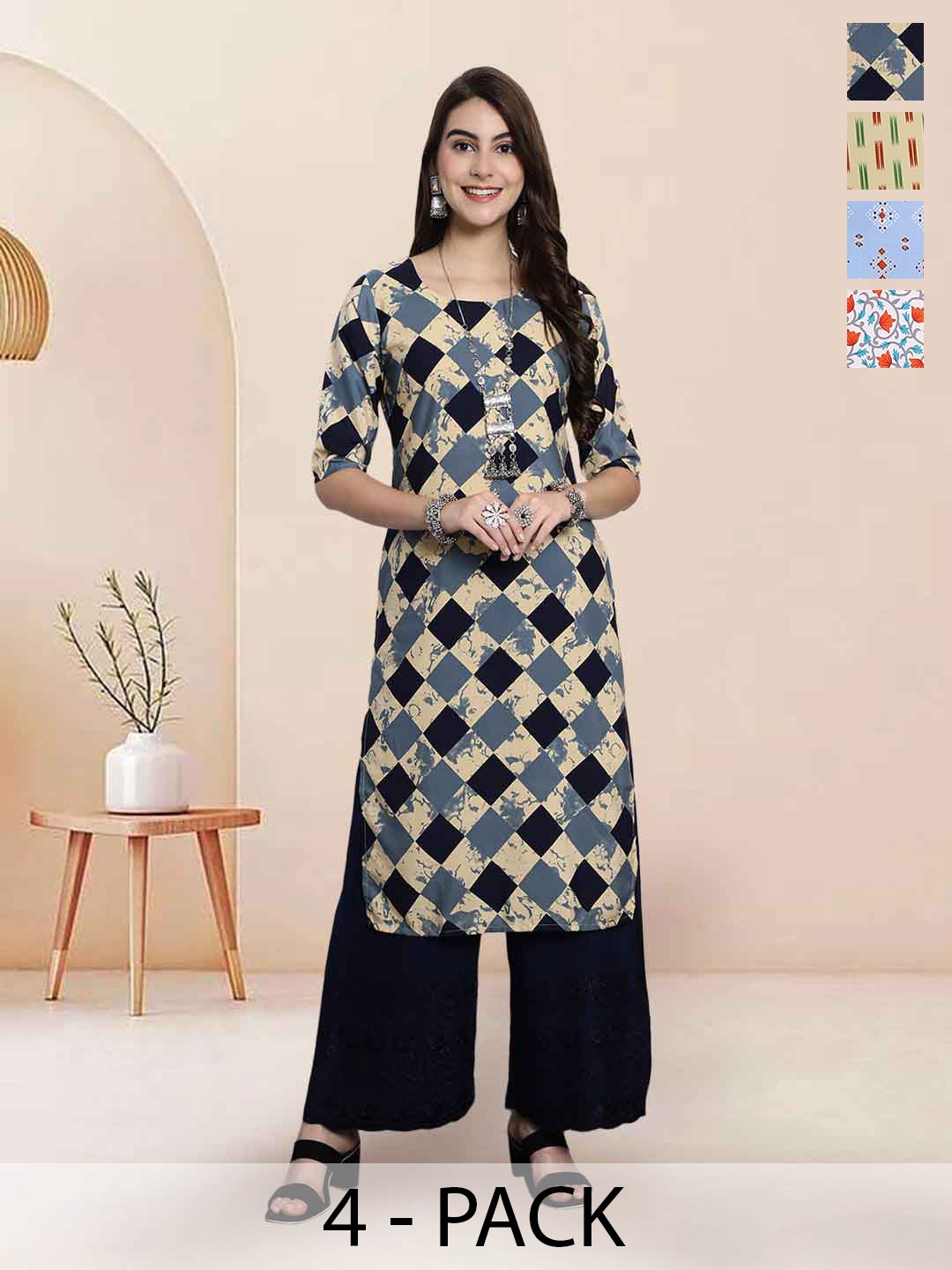 

7Threads Selection Of 4 Geometric Printed Round Neck Straight Kurta, Black