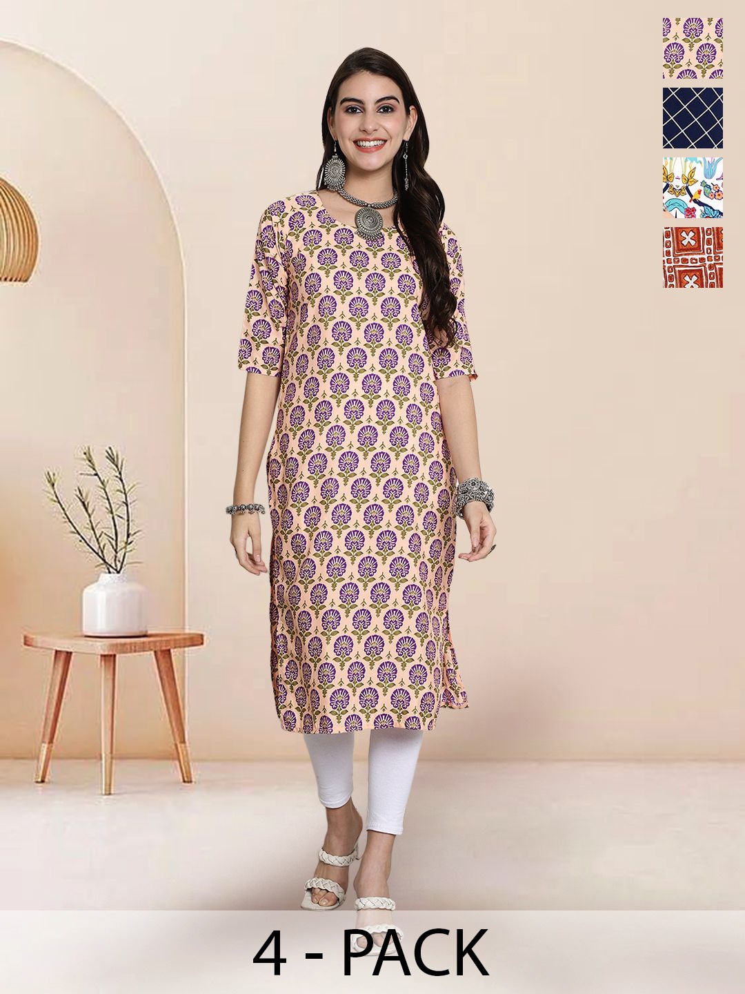 

7Threads Selection Of 4 Floral Printed Round Neck Straight Kurta, Peach