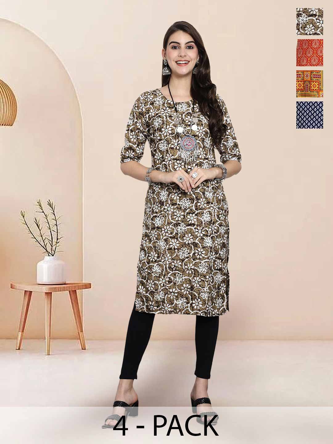 

7Threads Selection Of 4 Floral Printed Round Neck Straight Kurtas, Brown