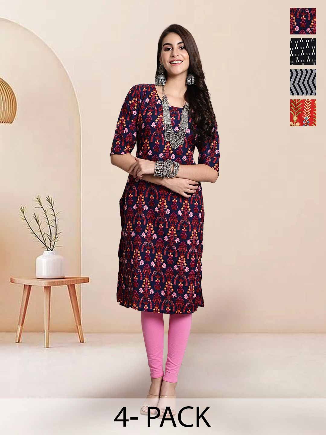 

7Threads Selection Of 4 Floral Printed Round Neck Straight Kurta, Navy blue