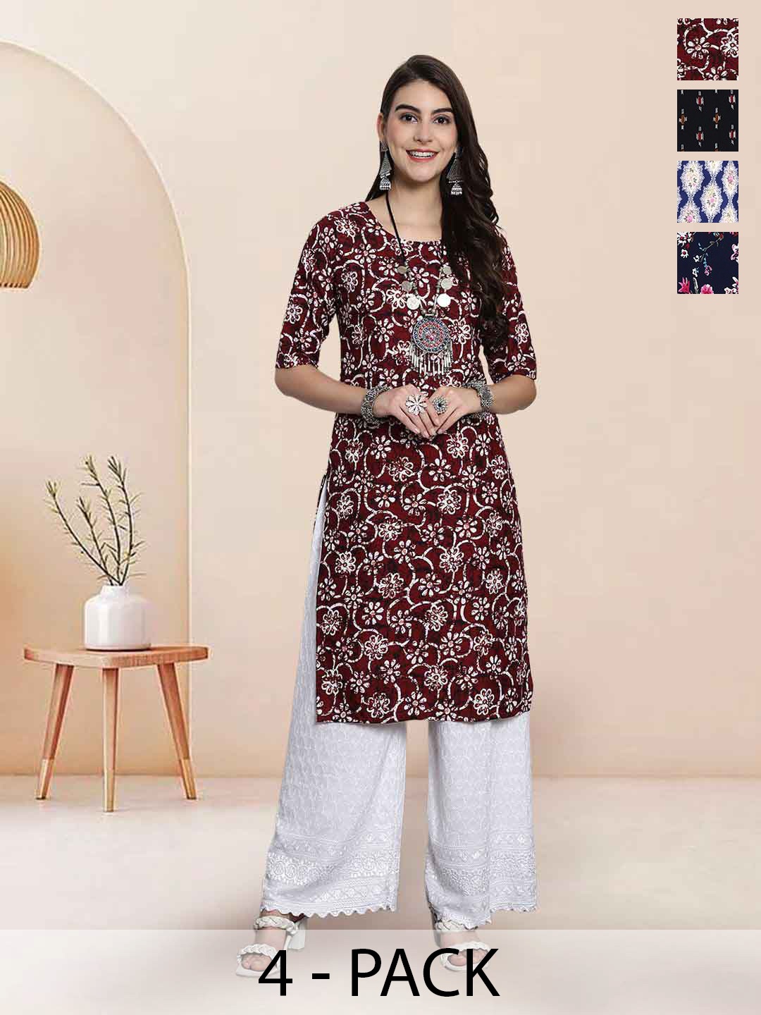 

7Threads Selection Of 4 Floral Printed Round Neck Straight Kurta, Maroon