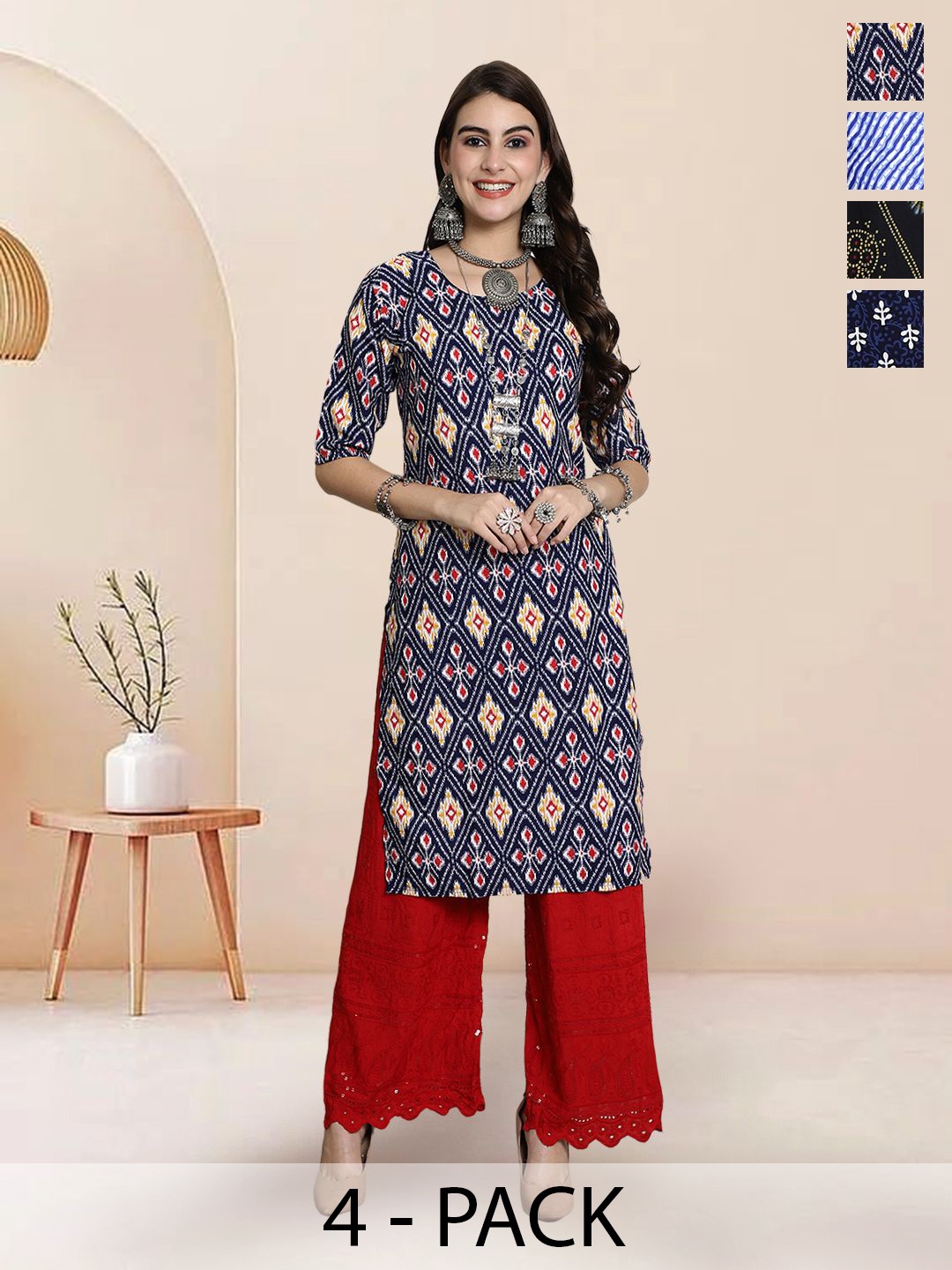 

7Threads Selection Of 4 Ethnic Motifs Printed Round Neck Straight Kurtas, Navy blue