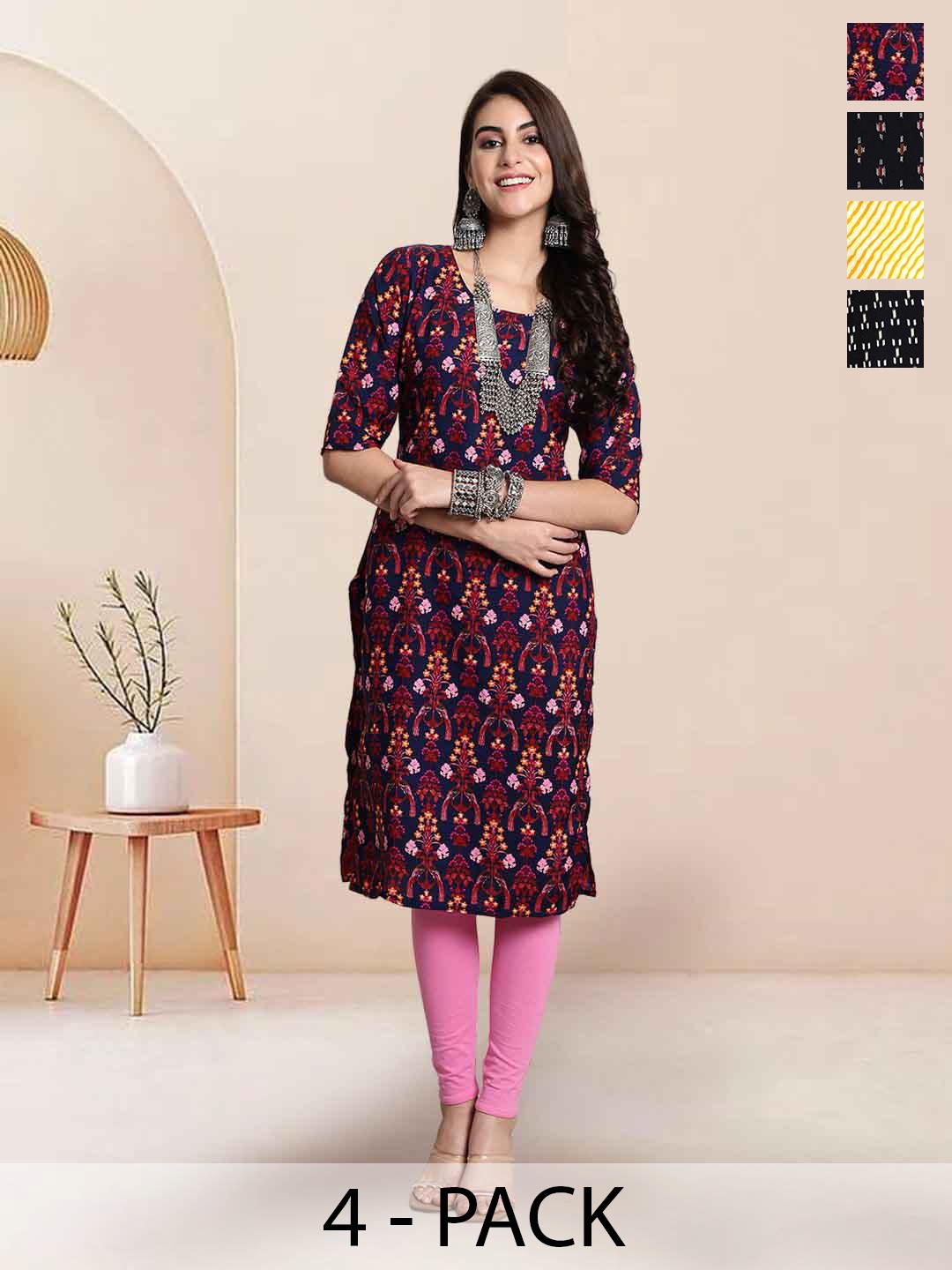 

7Threads Selection Of 4 Floral Printed Round Neck Straight Kurta, Maroon