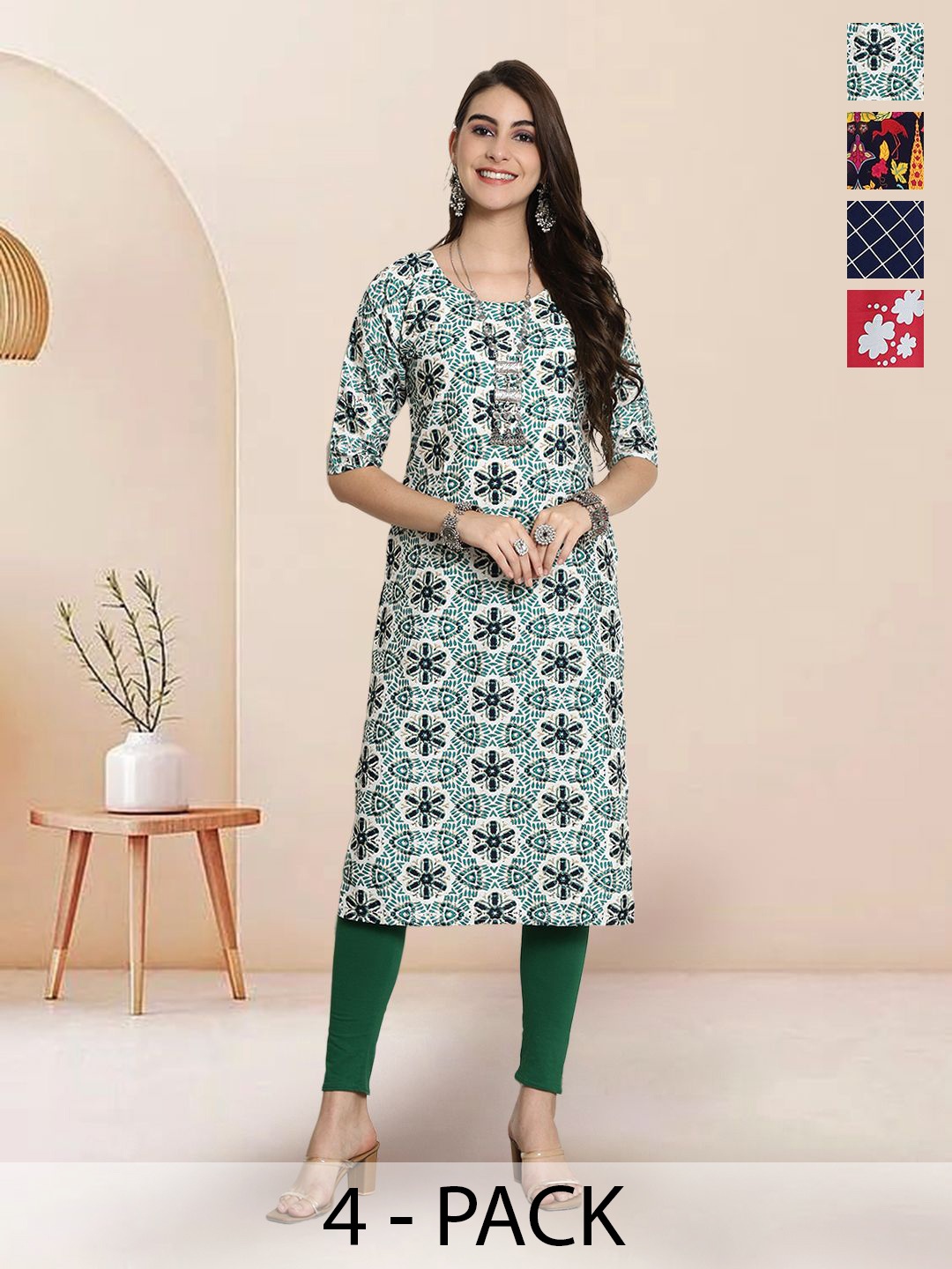 

7Threads Selection Of 4 Floral Printed Round Neck Straight Kurtas, Green
