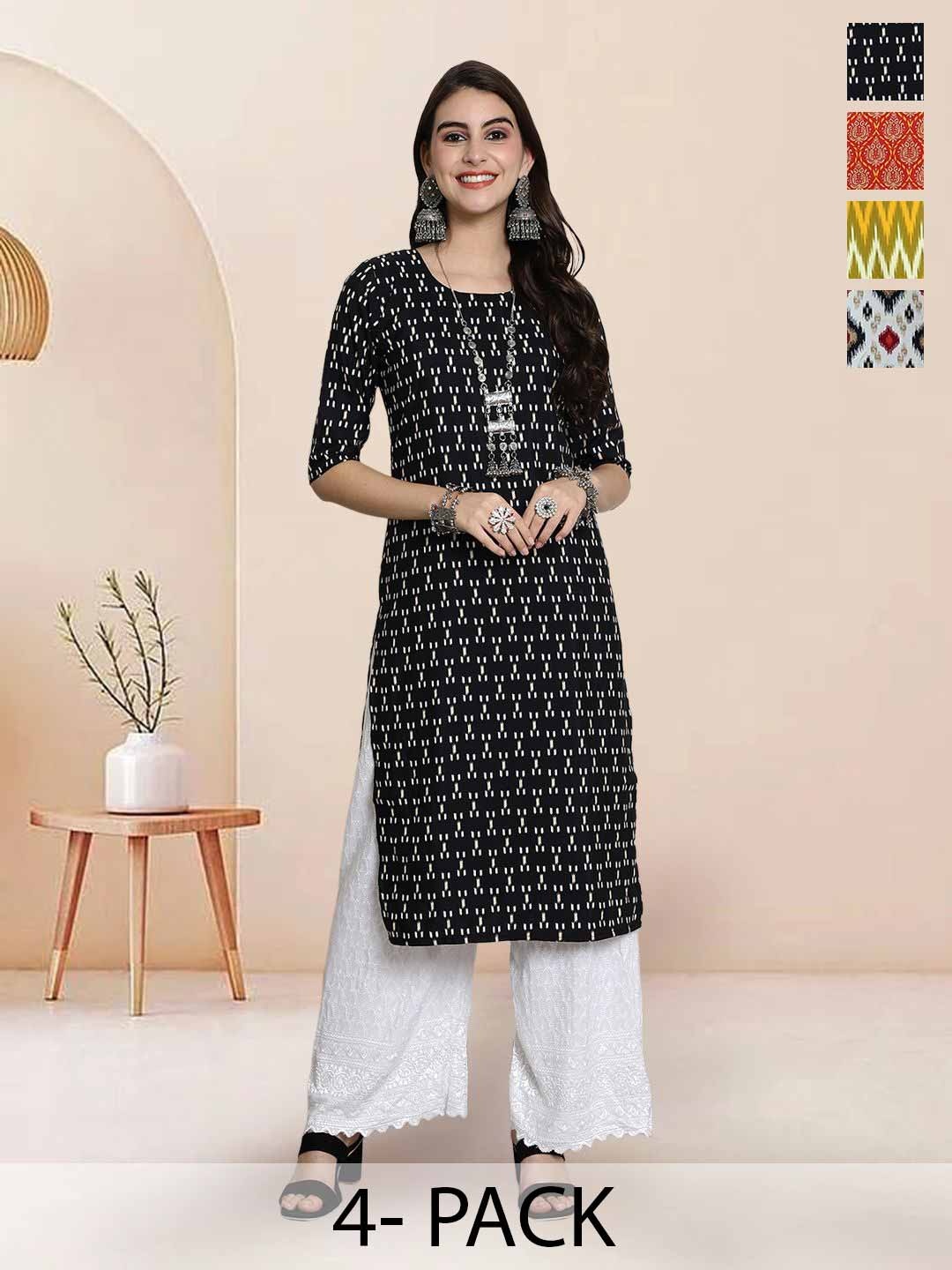 

7Threads Selection Of 4 Geometric Printed Round Neck Straight Kurta, Black