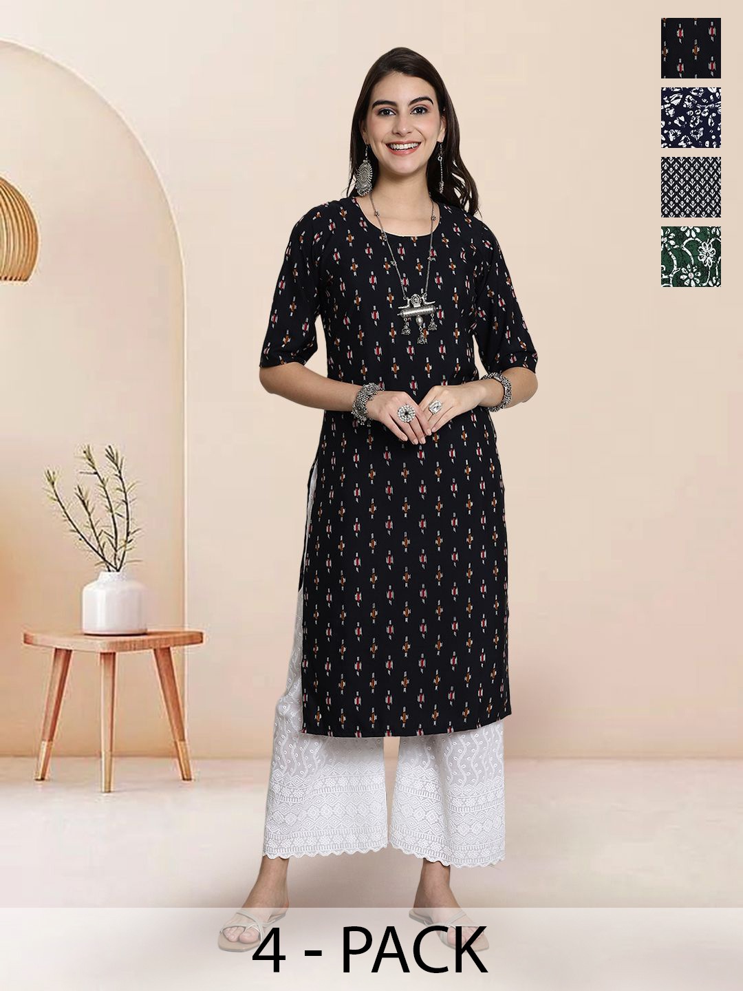 

7Threads Selection Of 4 Floral Printed Round Neck Straight Kurtas, Black
