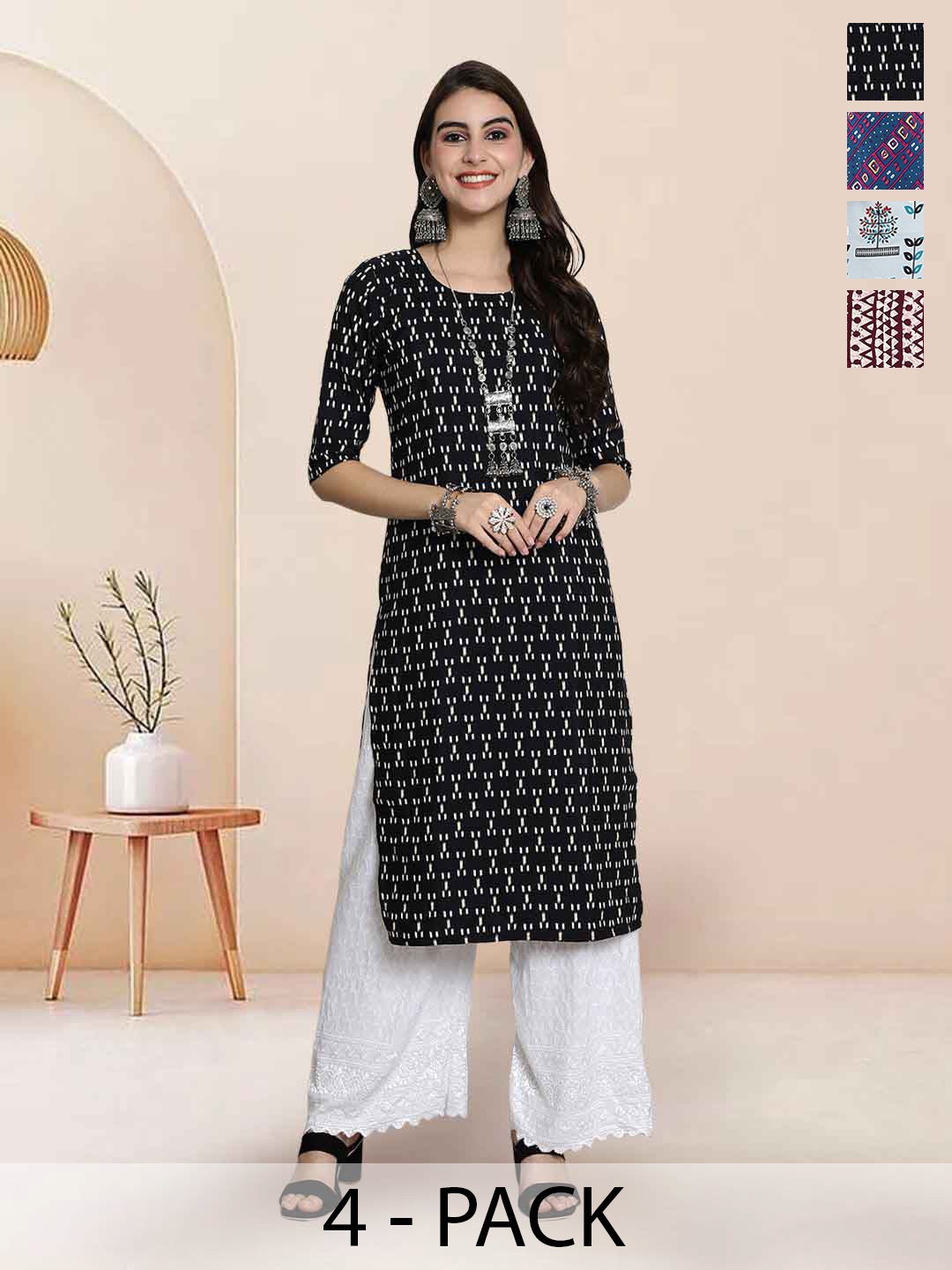 

7Threads Selection Of 4 Floral Printed Round Neck Straight Kurtas, Black