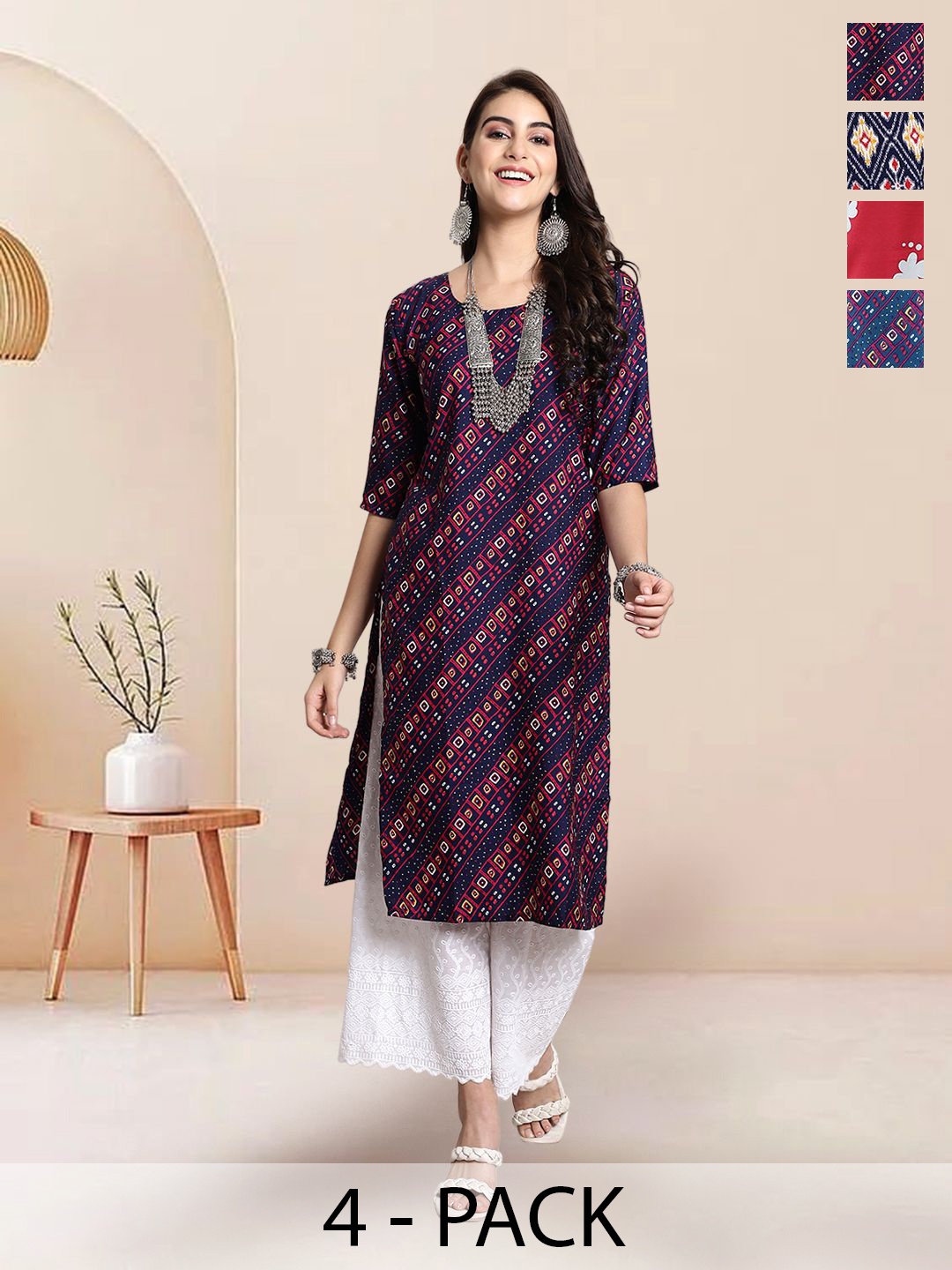 

7Threads Selection Of 4 Bandhani Printed Round Neck Straight Kurta, Navy blue