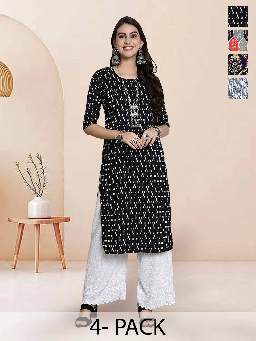 

7Threads Selection Of 4 Floral Printed Round Neck Straight Kurtas, Black