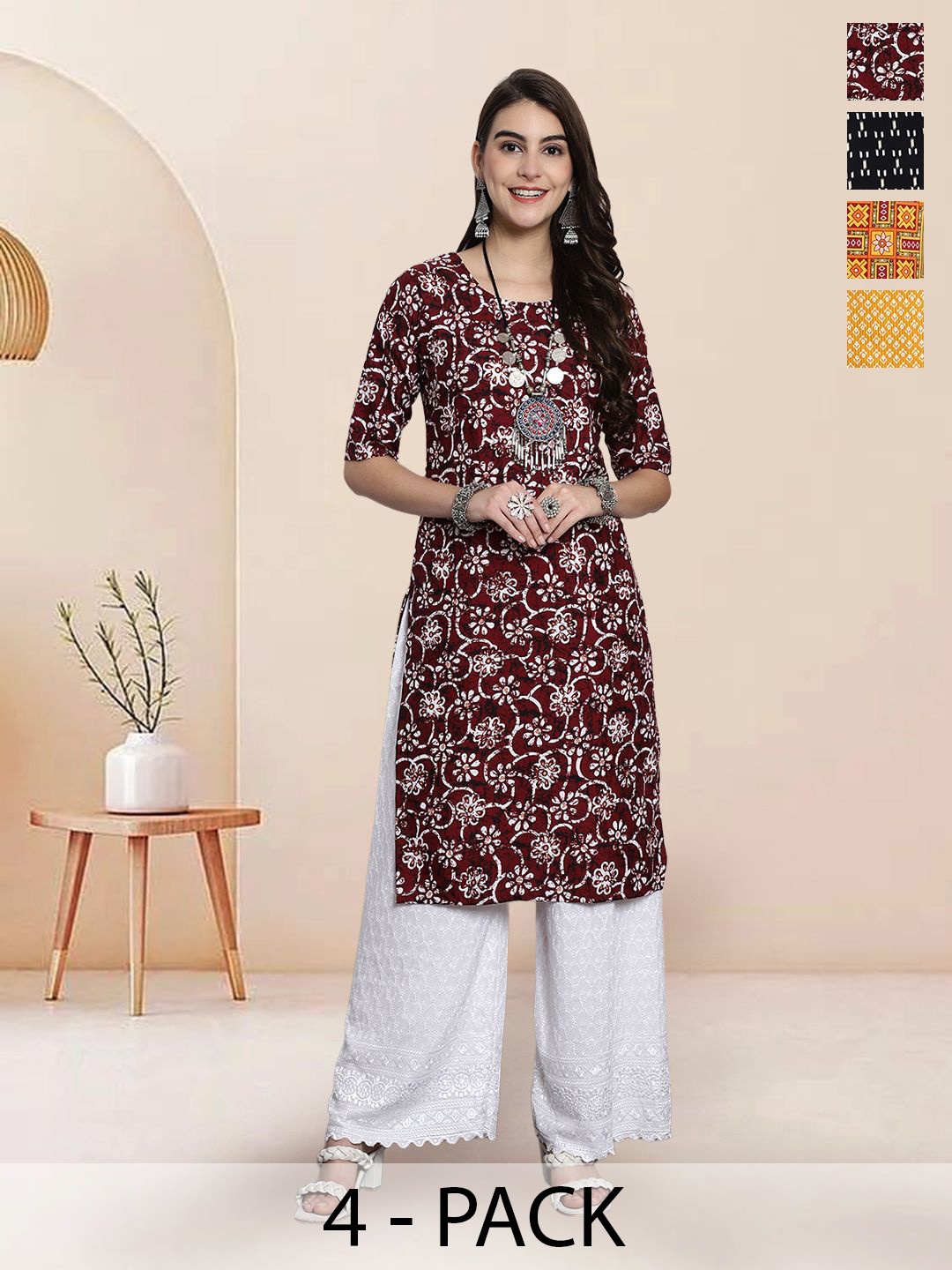

7Threads Selection Of 4 Floral Printed Round Neck Straight Kurta, Maroon
