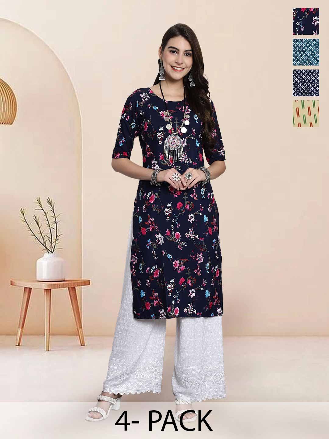 

7Threads Selection Of 4 Floral Printed Round Neck Straight Kurta, Navy blue