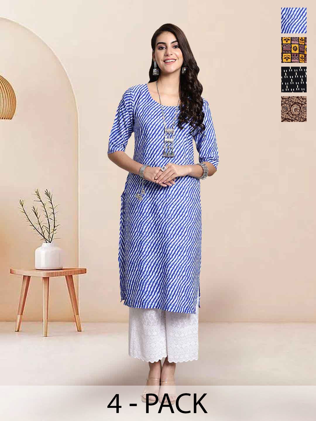 

7Threads Selection Of 4 Leheriya Printed Round Neck Straight Kurta, Blue