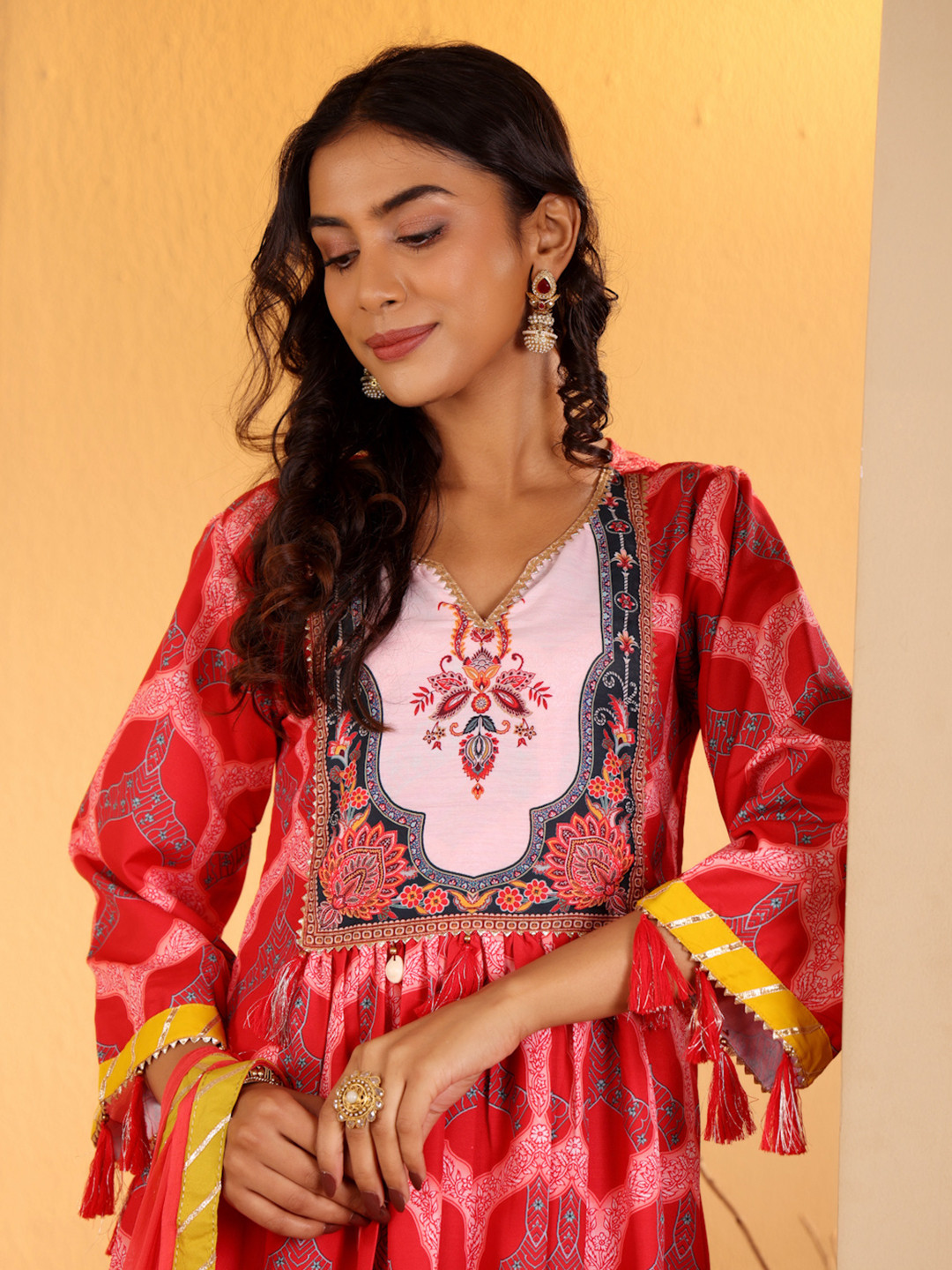 

Varanga Women Ethnic Motifs Printed Empire Gotta Patti Kurta with Trousers & With Dupatta, Red