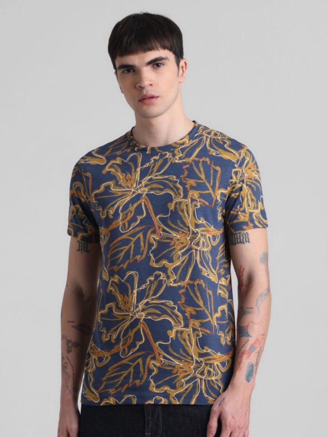 

Jack & Jones Men JJDI OSCAR SS Floral Printed Round Neck Cotton T-shirt, Blue