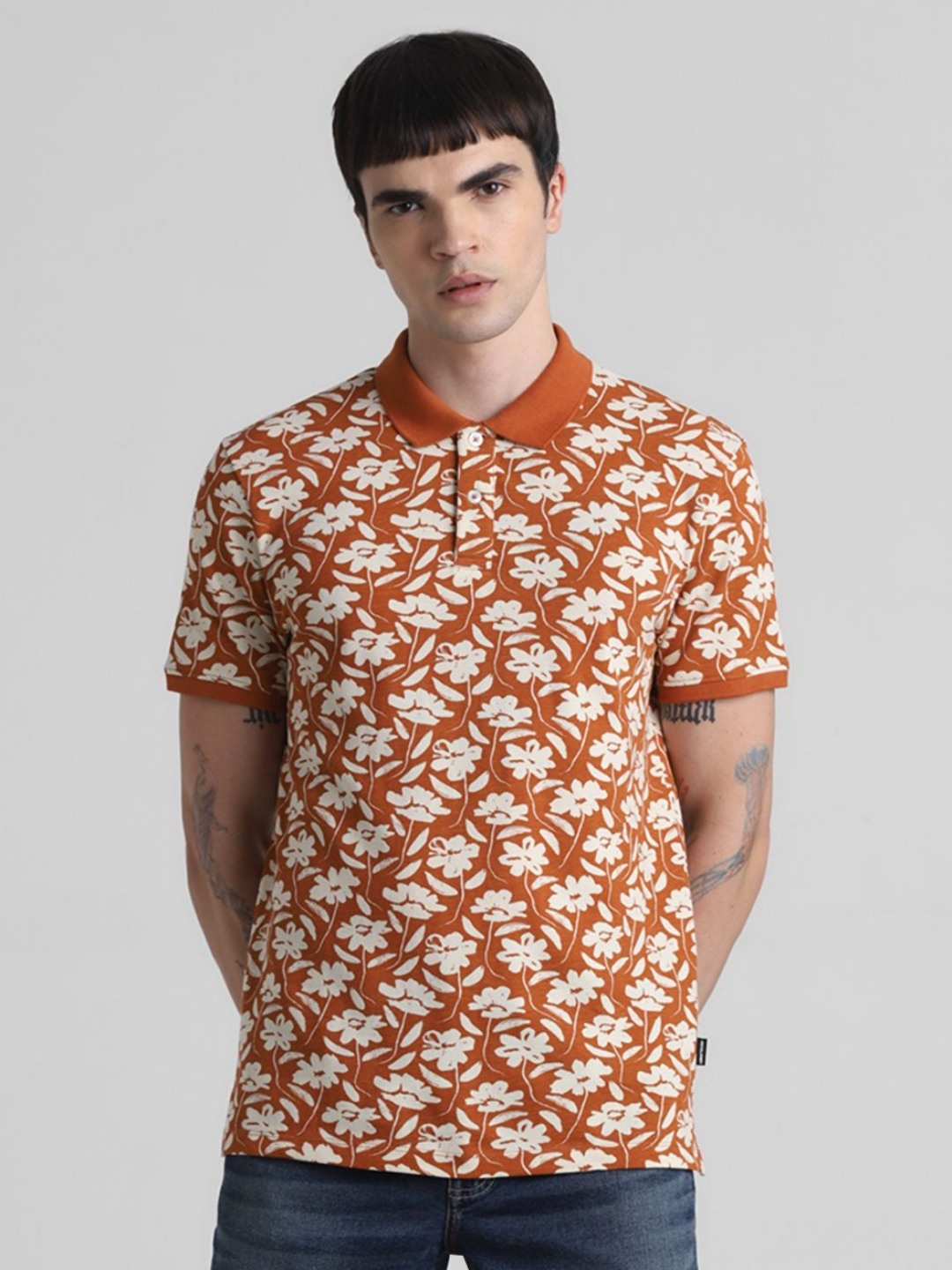 

Jack & Jones Men Floral Printed Polo Collar Cotton T-shirt, Orange