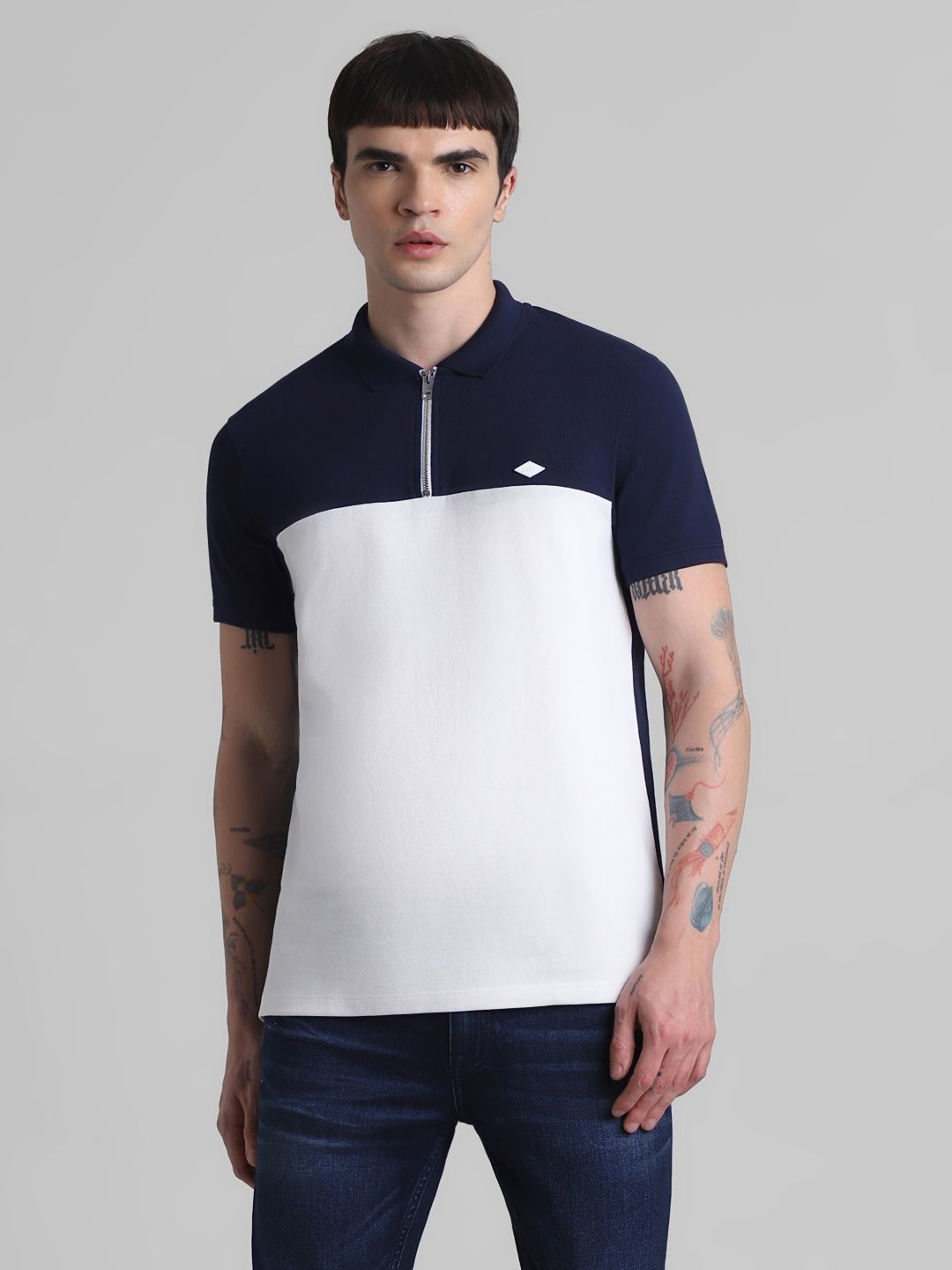 

Jack & Jones Men Colourblocked Polo Collar Cotton T-shirt, Navy blue