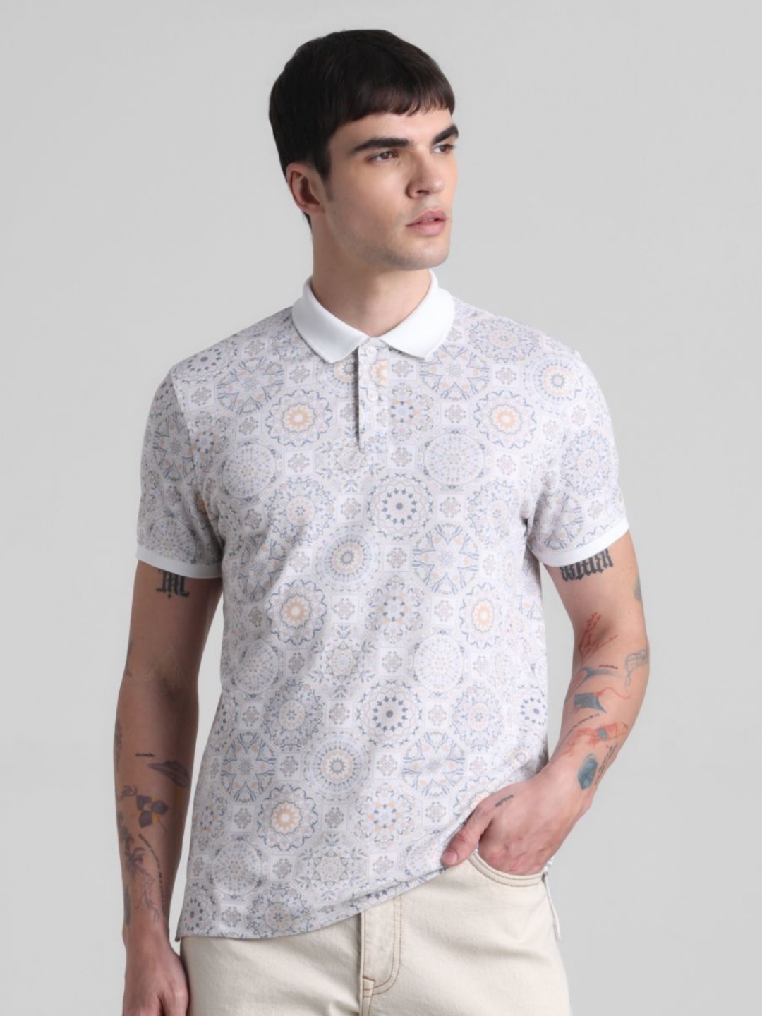 

Jack & Jones Men Floral Printed Polo Collar Cotton T-shirt, White