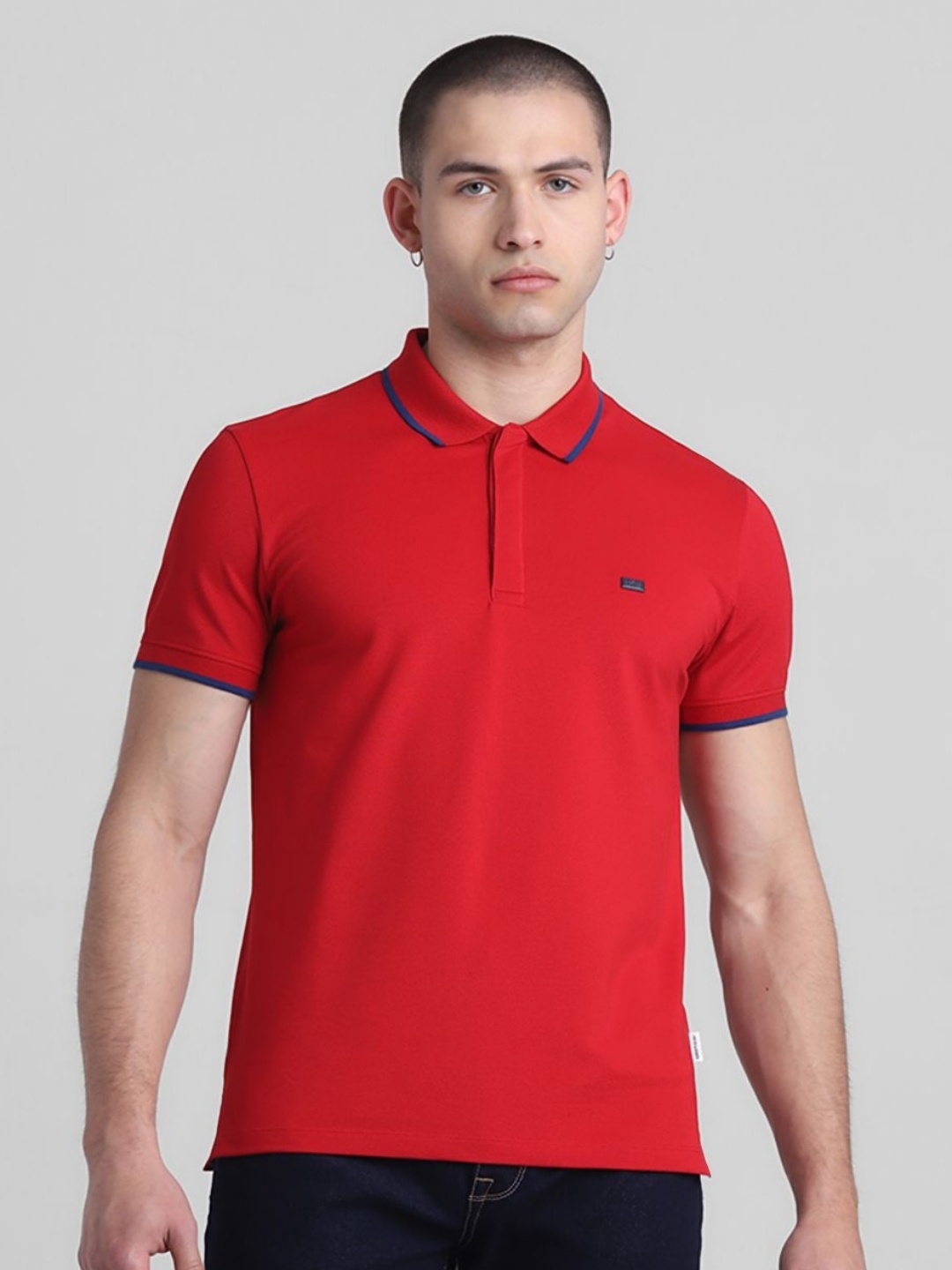 

Jack & Jones Men Solid Polo Collar Cotton T-shirt, Red