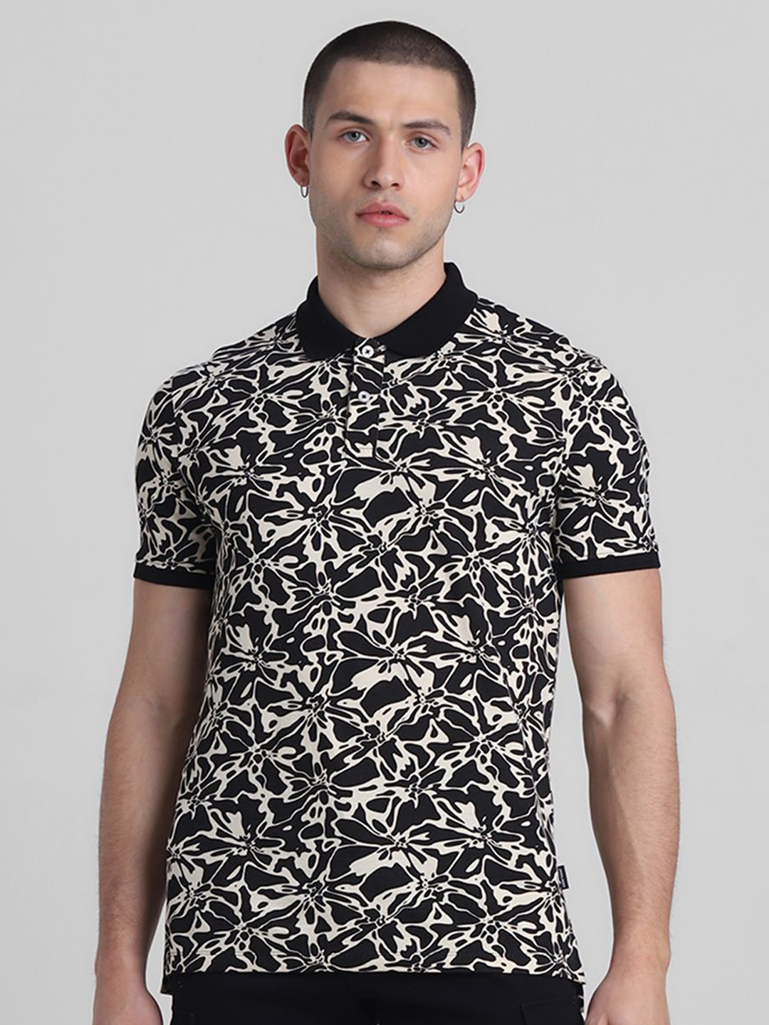 

Jack & Jones Men Abstract Printed Polo Collar Cotton T-shirt, Black