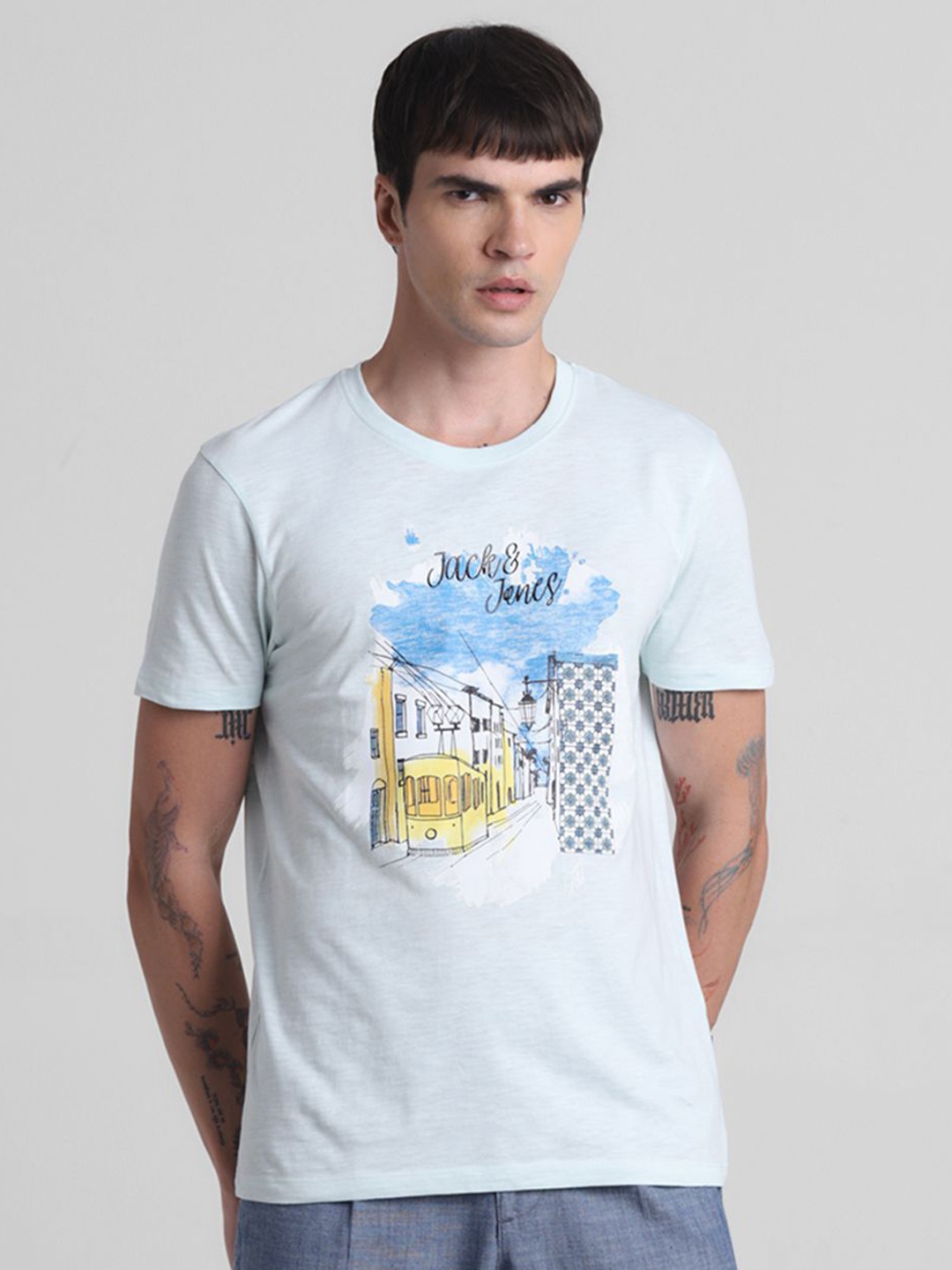Jack & Jones Men Graphic Printed Round Neck Cotton T-shirt, Blue