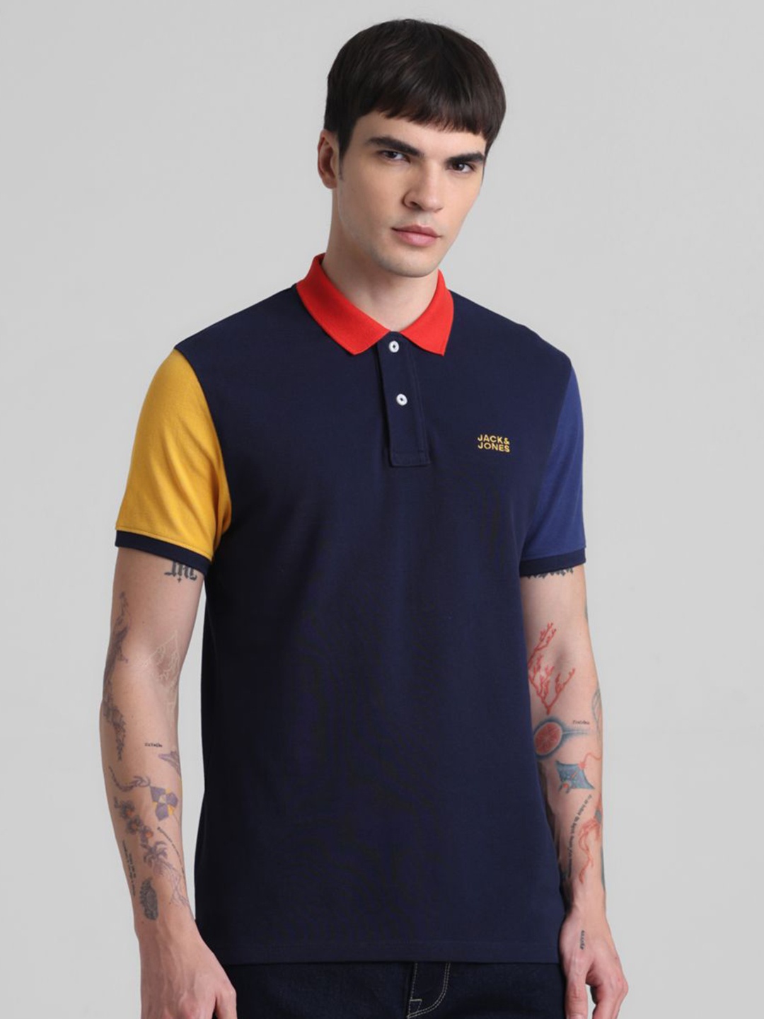 

Jack & Jones Men Colourblocked Polo Collar Cotton T-shirt, Navy blue