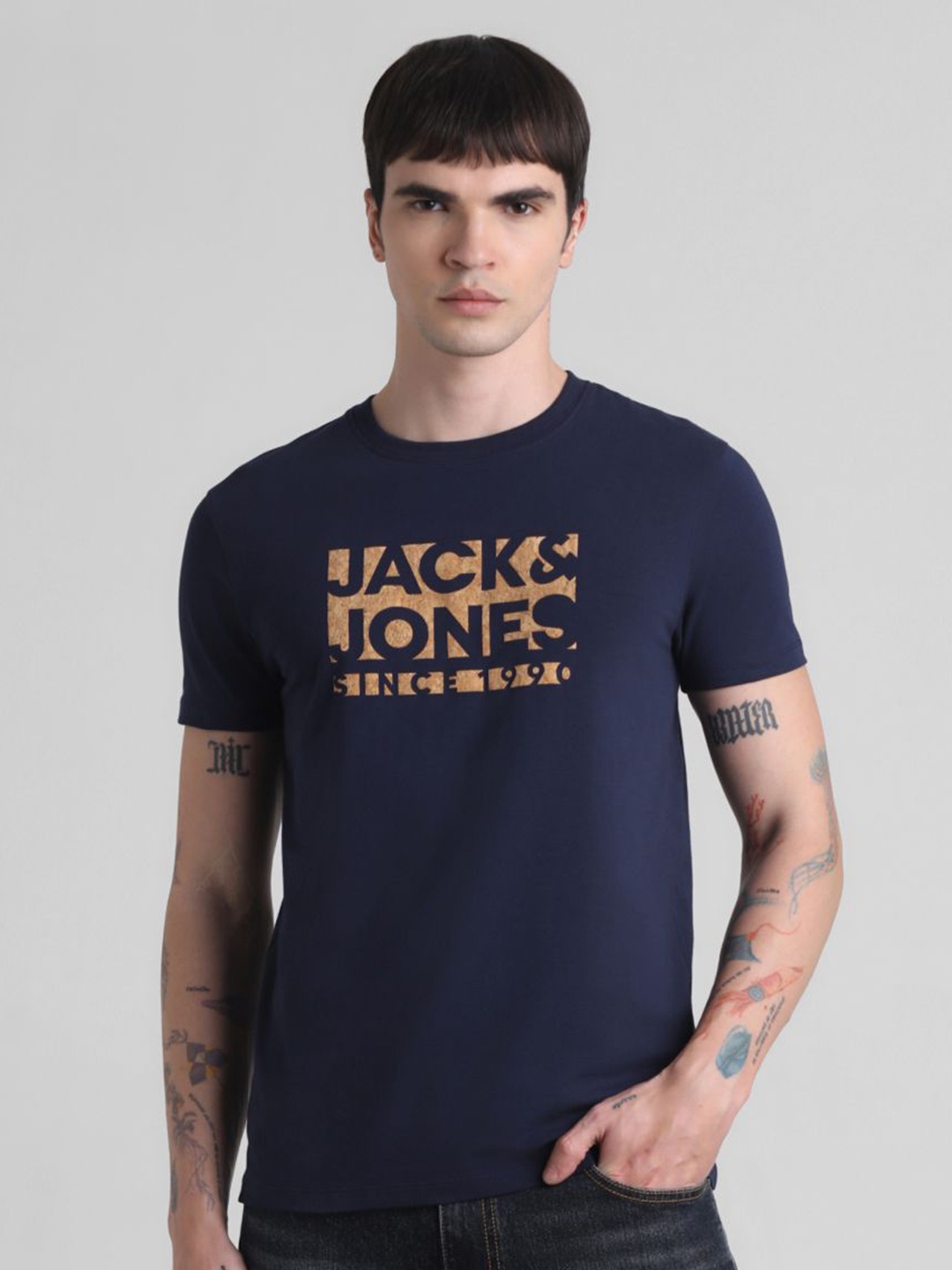

Jack & Jones Men Typography Printed Round Neck Cotton T-shirt, Blue