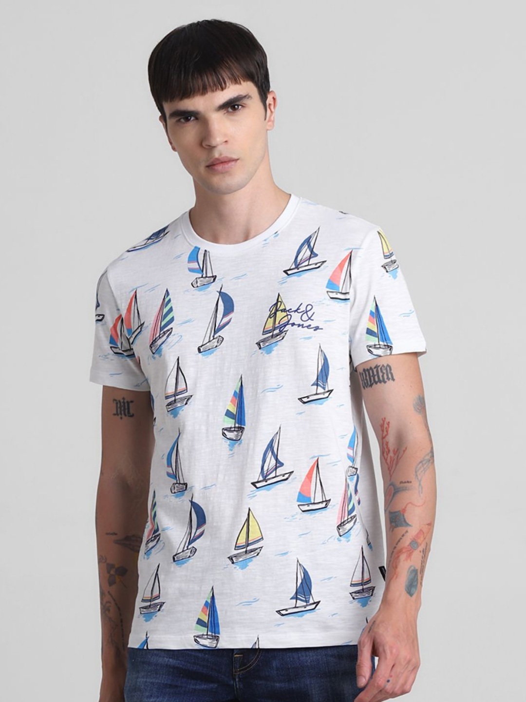 

Jack & Jones Men Conversational Printed Round Neck Cotton T-shirt, White
