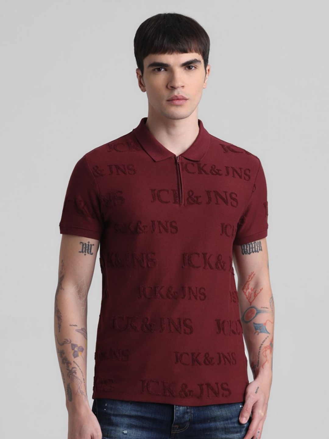 

Jack & Jones Men Typography Printed Polo Collar Cotton T-shirt, Maroon