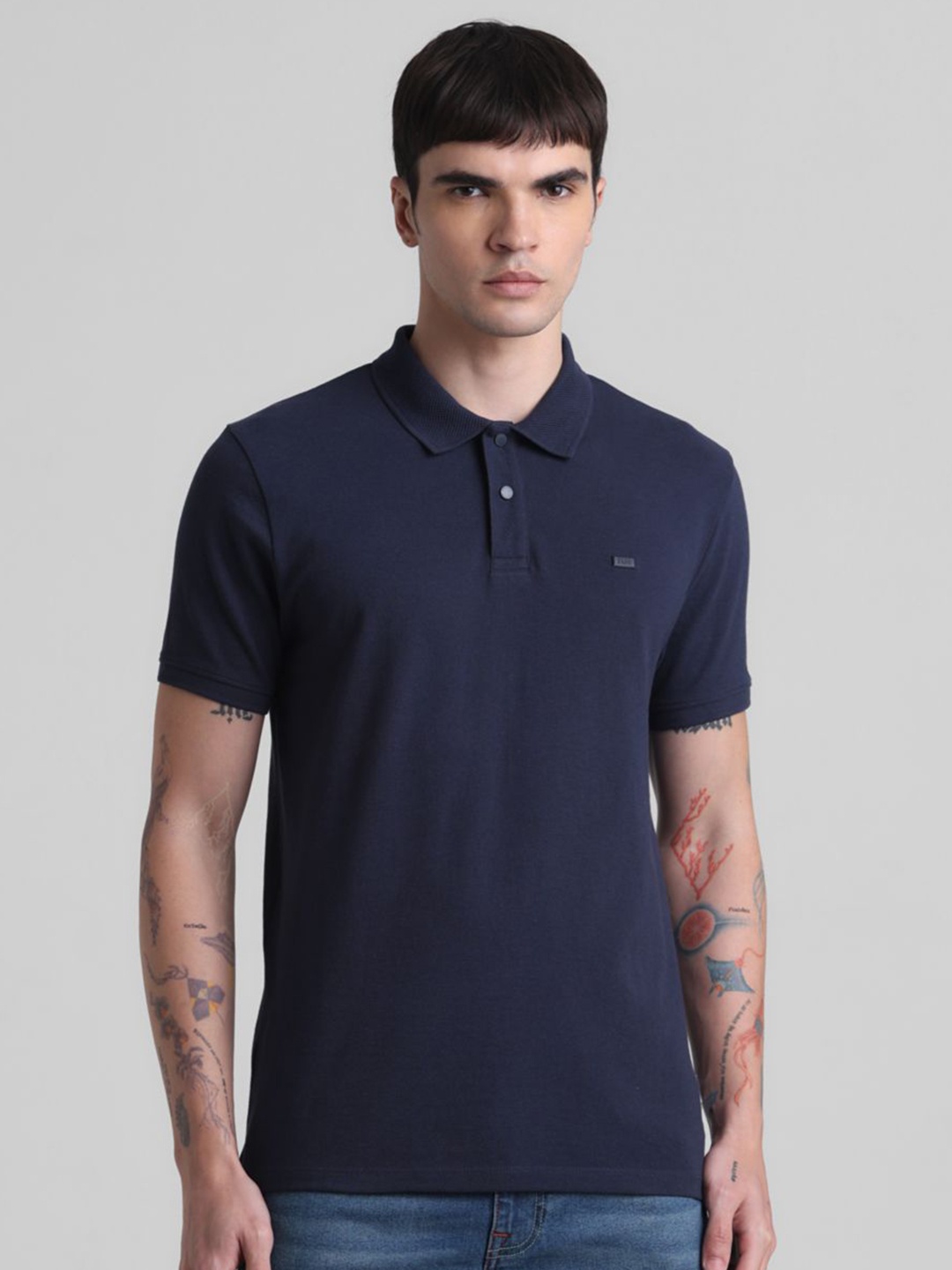 

Jack & Jones Men Solid Polo Collar Cotton T-shirt, Navy blue