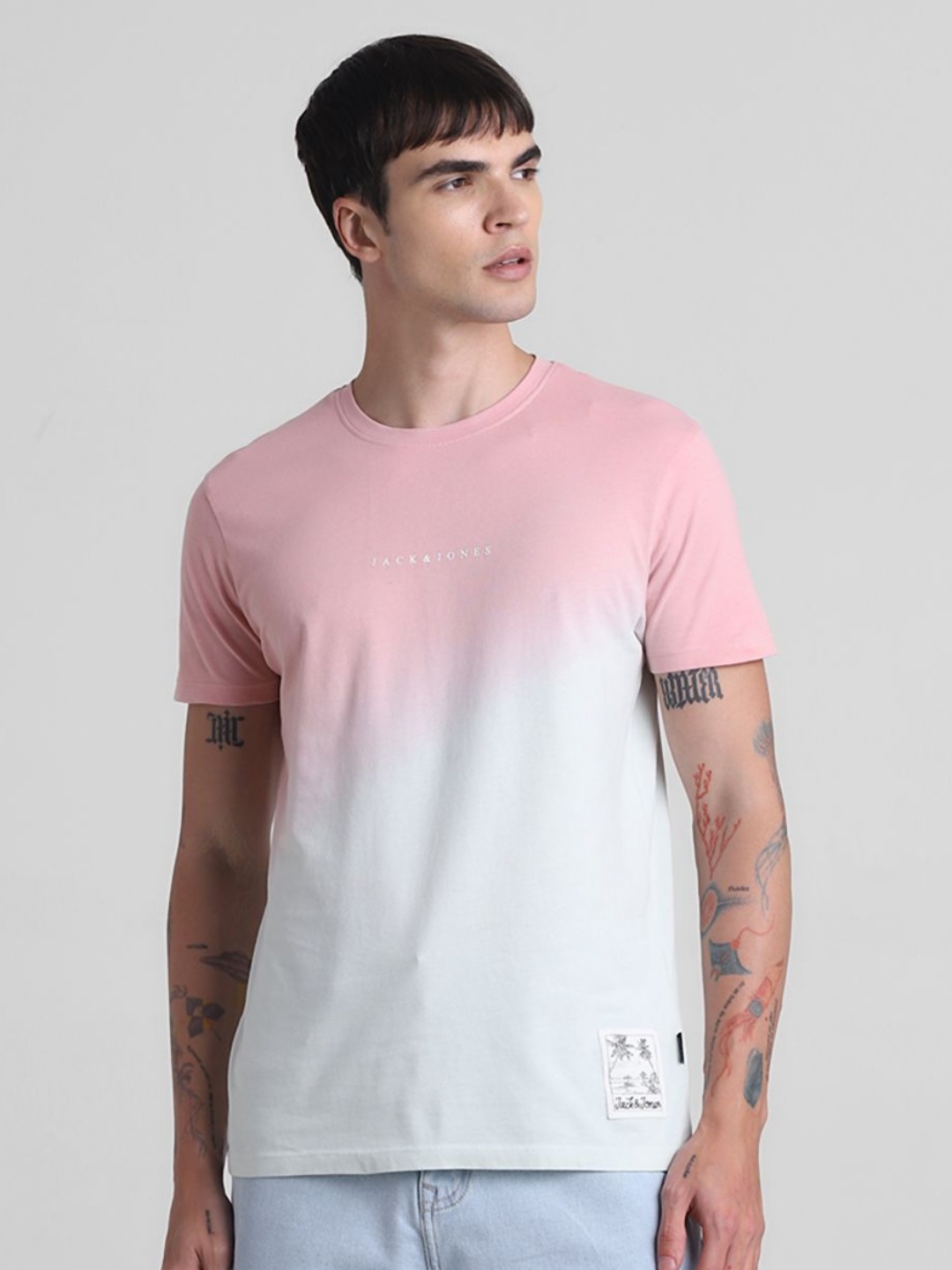 

Jack & Jones Men JJDI HUNTER SS Dyed Round Neck Cotton T-shirt, White