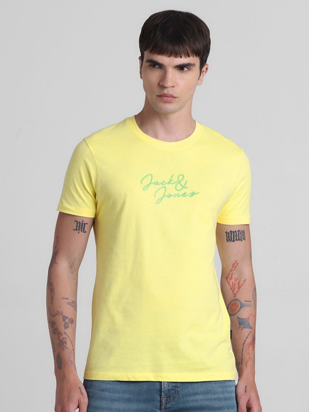 

Jack & Jones Men Typography Printed Round Neck Cotton T-shirt, Yellow