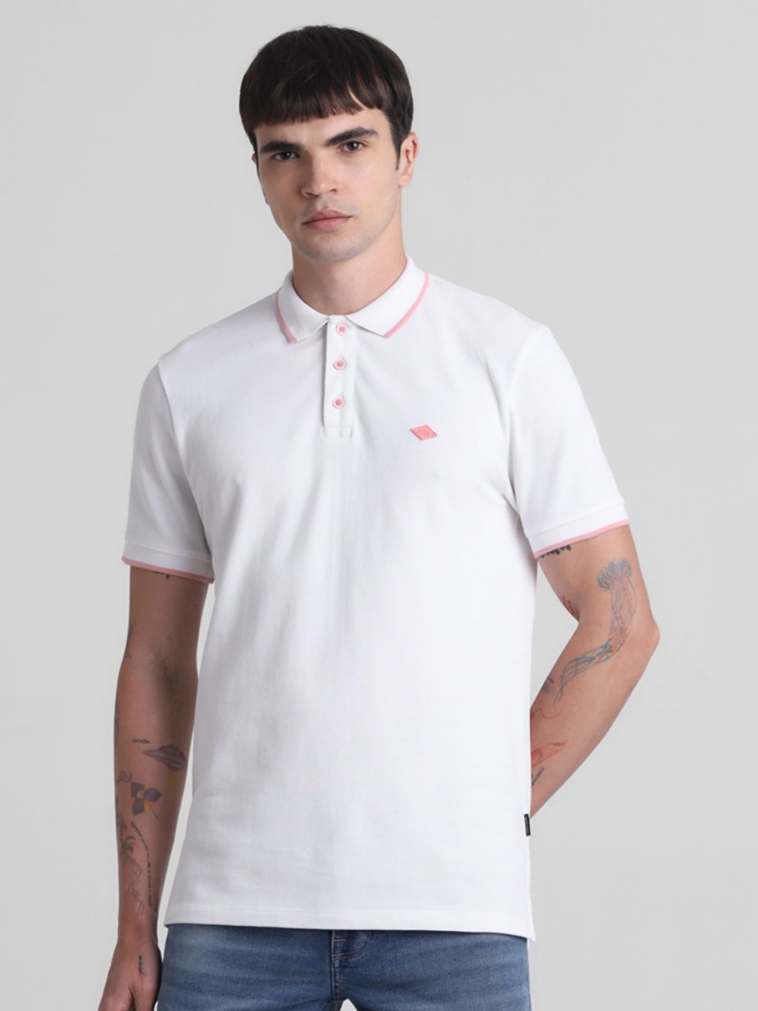 

Jack & Jones Men Solid Polo Collar Cotton T-shirt, White