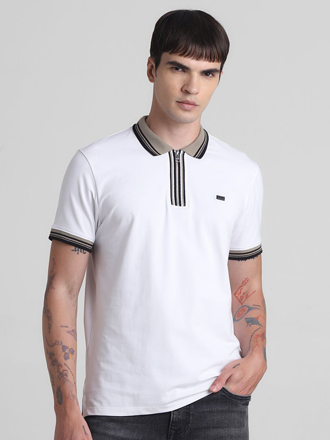 

Jack & Jones Men Solid Polo Collar Cotton T-shirt, White