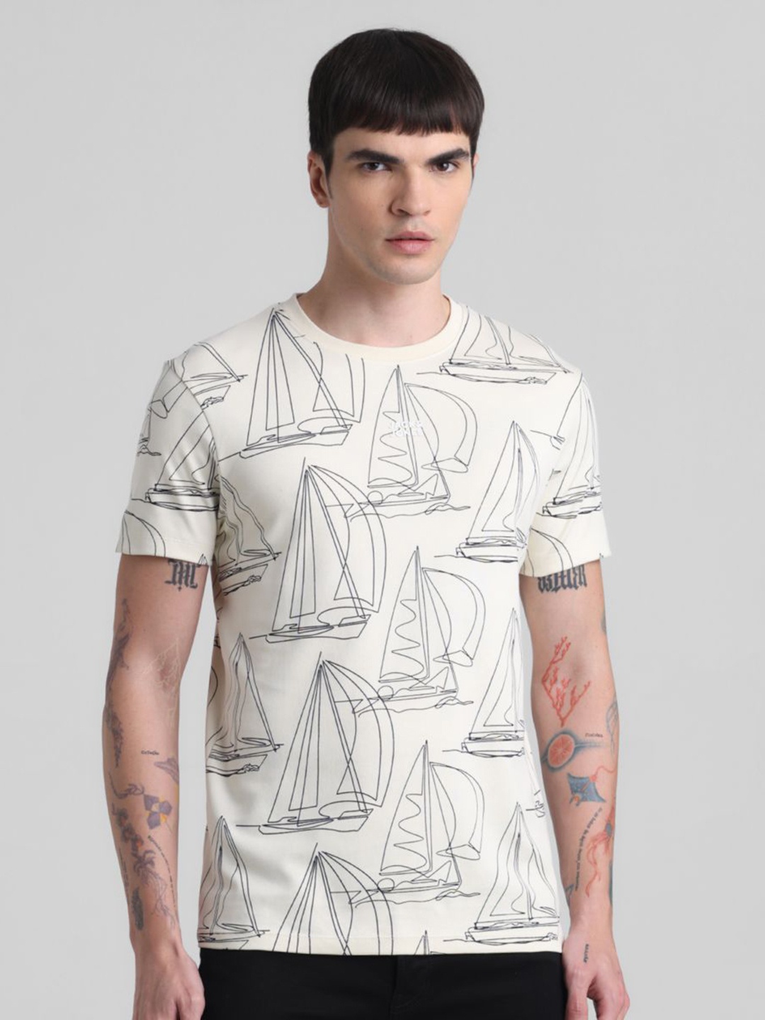 

Jack & Jones Men Conversational Printed Round Neck Cotton T-shirt, Off white
