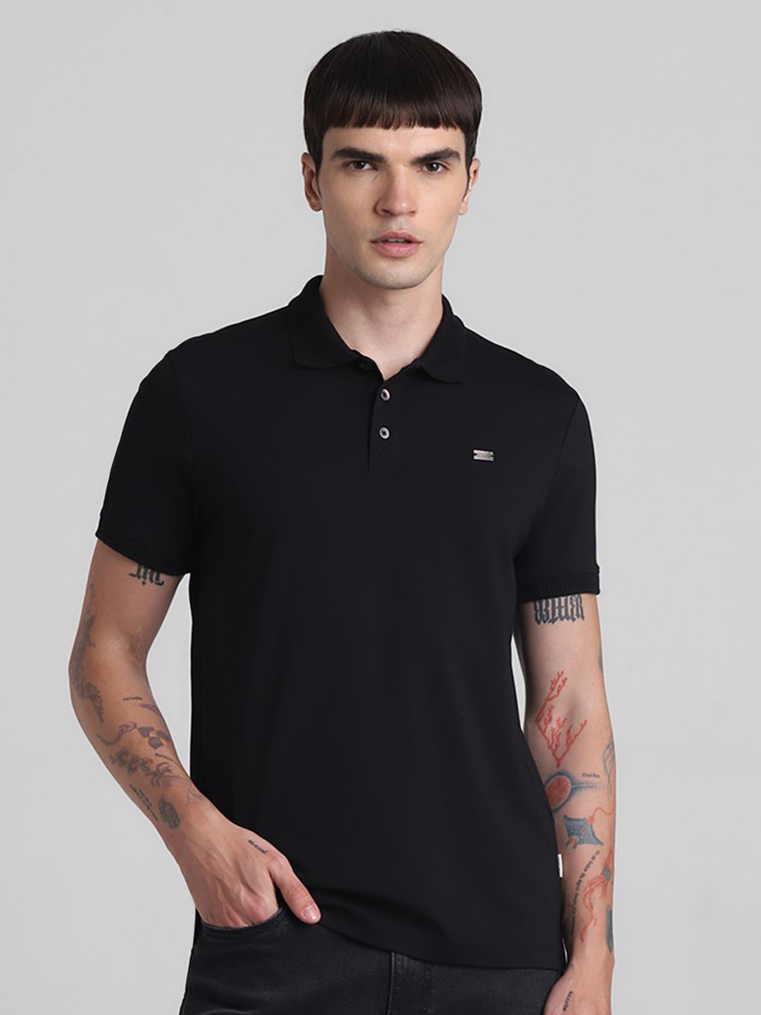 

Jack & Jones Men Solid Polo Collar T-shirt, Black