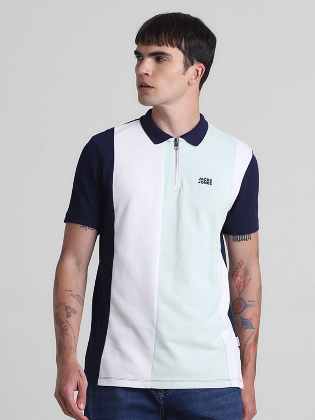 

Jack & Jones Men Colourblocked Polo Collar Cotton T-shirt, Navy blue