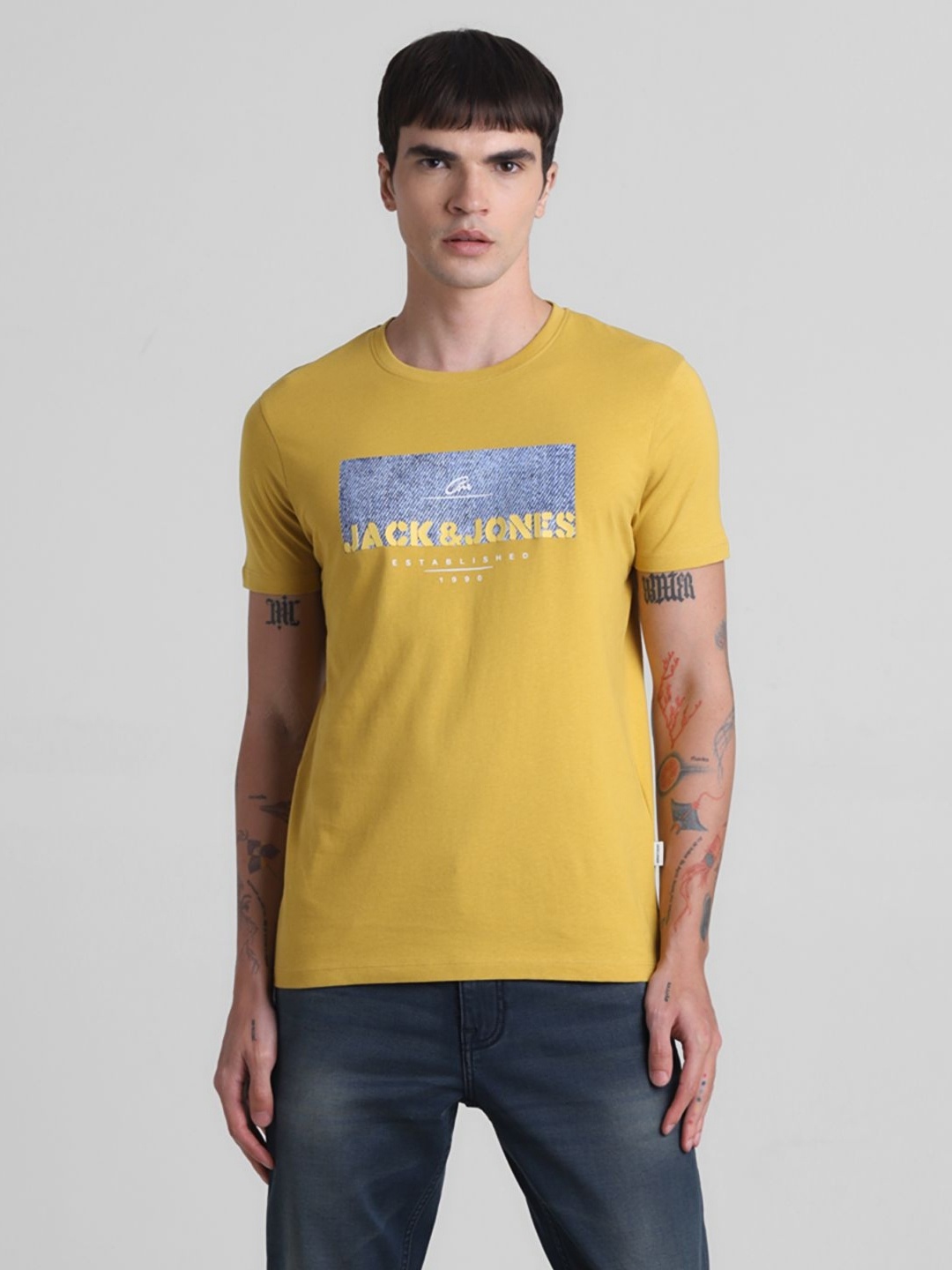 Jack & Jones Men Typography Printed Round Neck Cotton T-shirt, Yellow