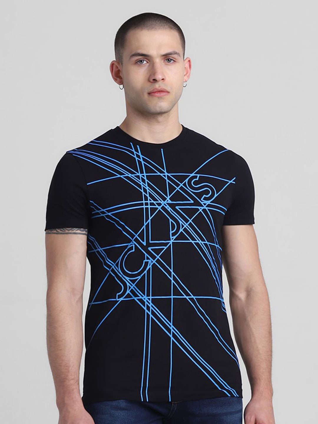 

Jack & Jones Men JJDI GEO Striped Round Neck Cotton T-shirt, Black