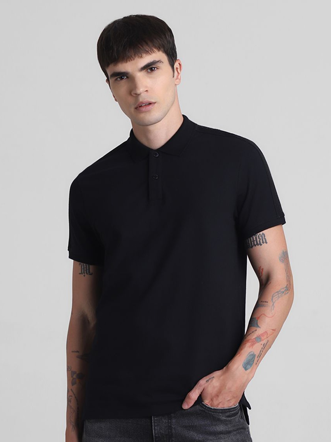 

Jack & Jones Men Solid Polo Collar Cotton T-shirt, Black