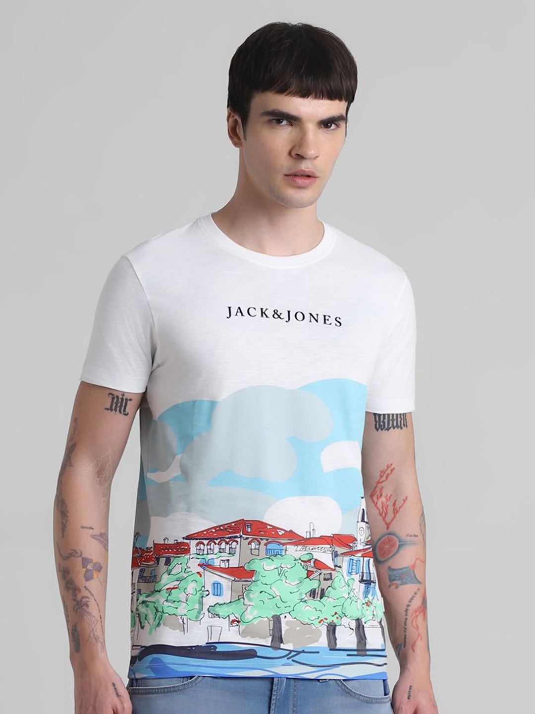 

Jack & Jones Men Graphic Printed Round Neck Cotton T-shirt, White