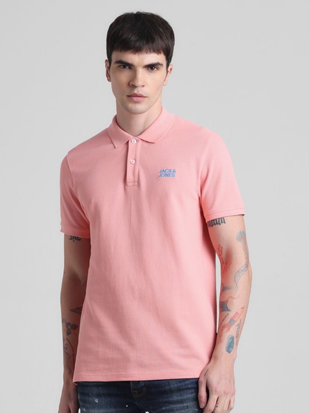 

Jack & Jones Men Solid Polo Collar Cotton T-shirt, Pink
