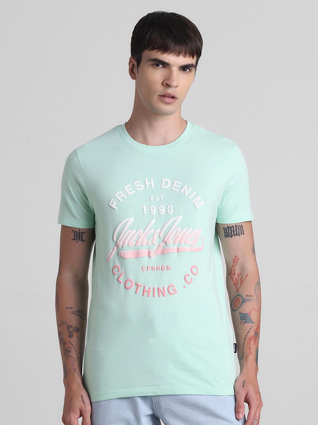 Jack & Jones Men JJDI IMPERIAL Typography Printed Round Neck Cotton T-shirt, Green