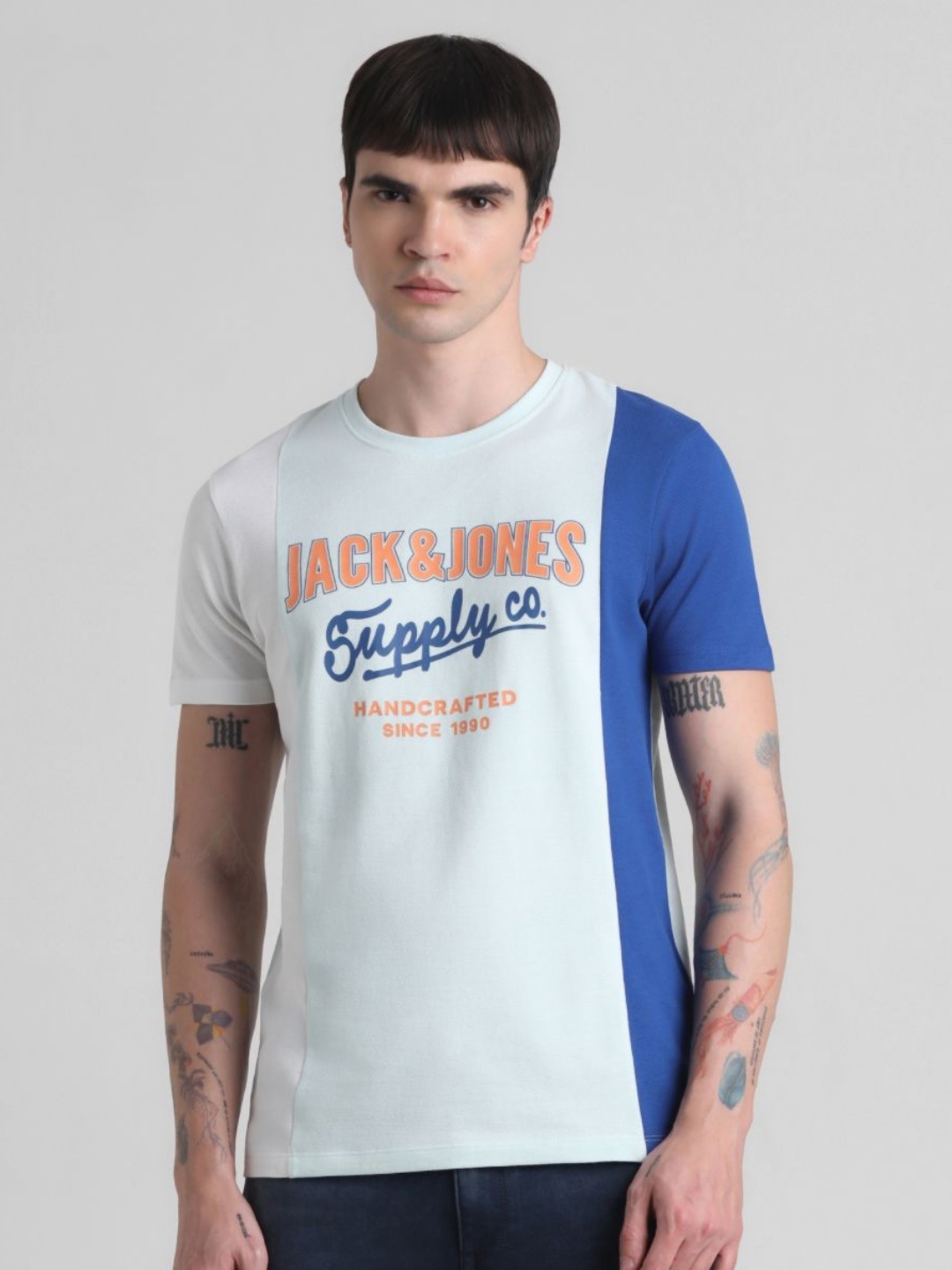 Jack & Jones Men Typography Printed Round Neck Cotton T-shirt, Blue