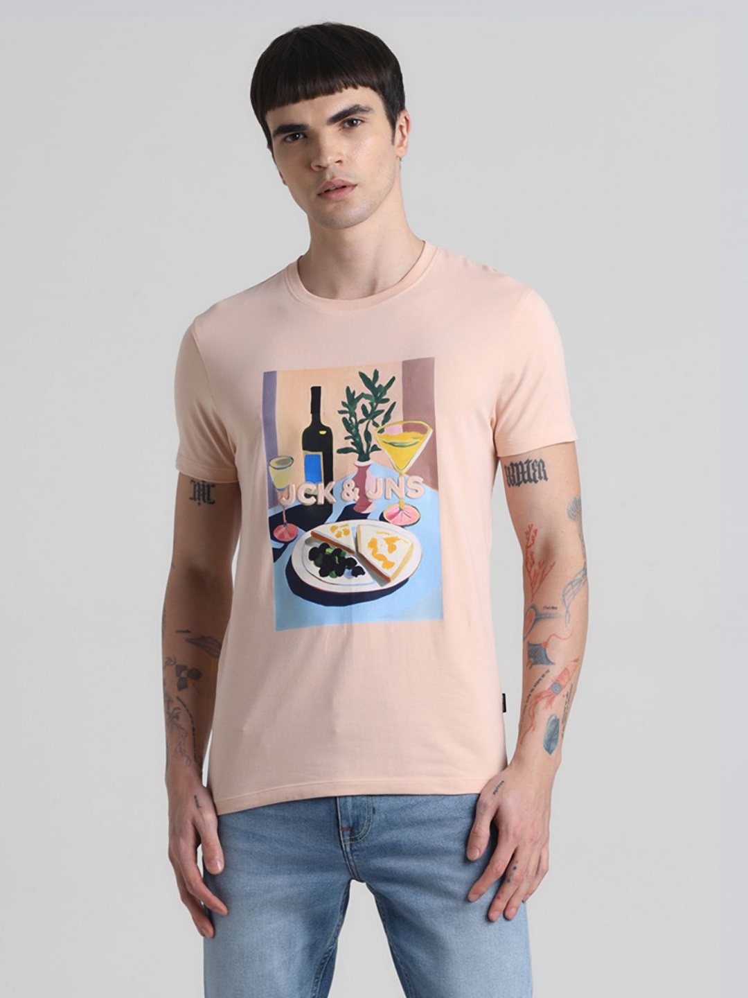 

Jack & Jones Men JJDI SYDNEY SS Graphic Printed Round Neck Cotton T-shirt, Peach