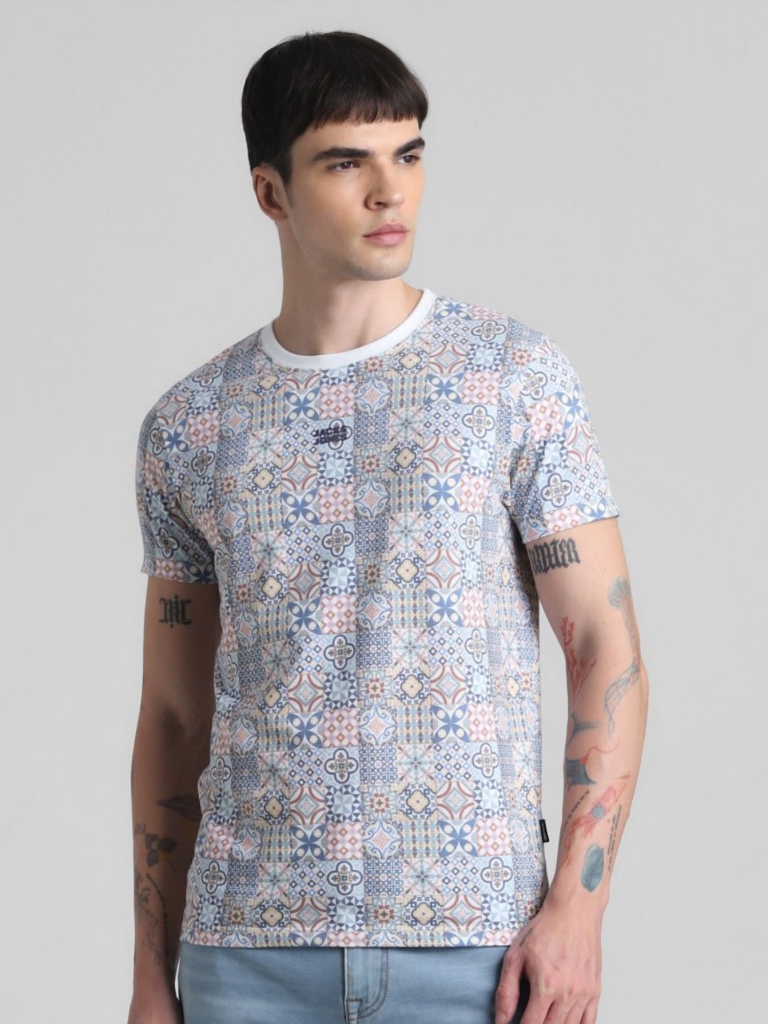 

Jack & Jones Men Floral Printed Round Neck Cotton T-shirt, White