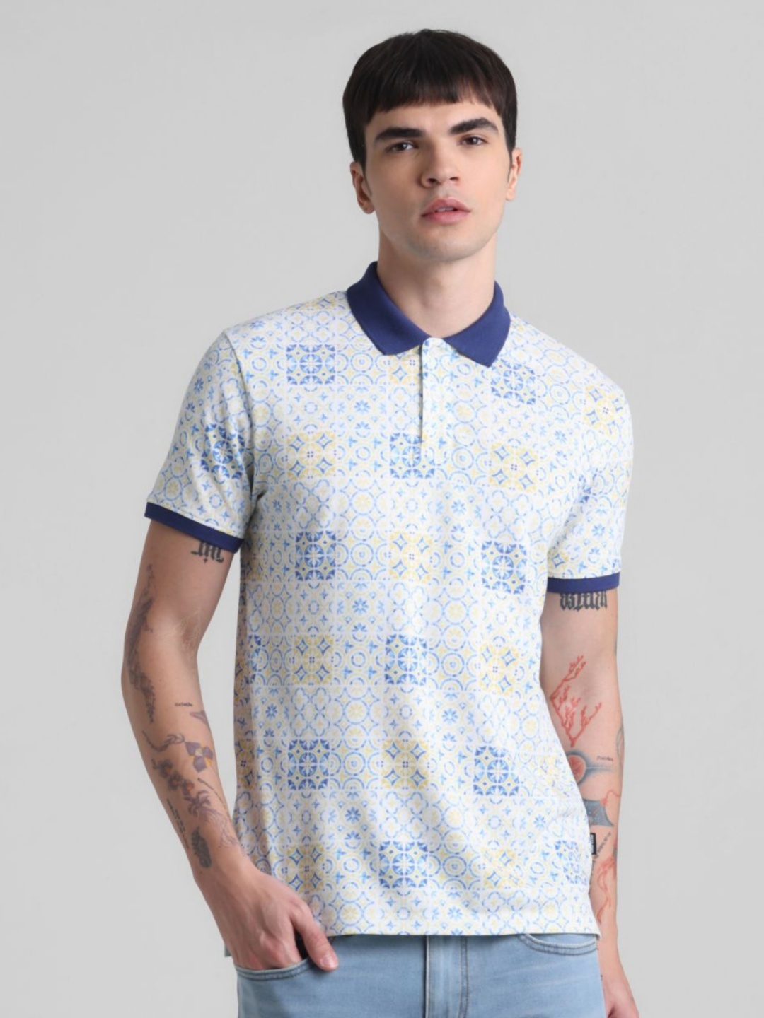 

Jack & Jones Men Geometric Printed Polo Collar Cotton T-shirt, White