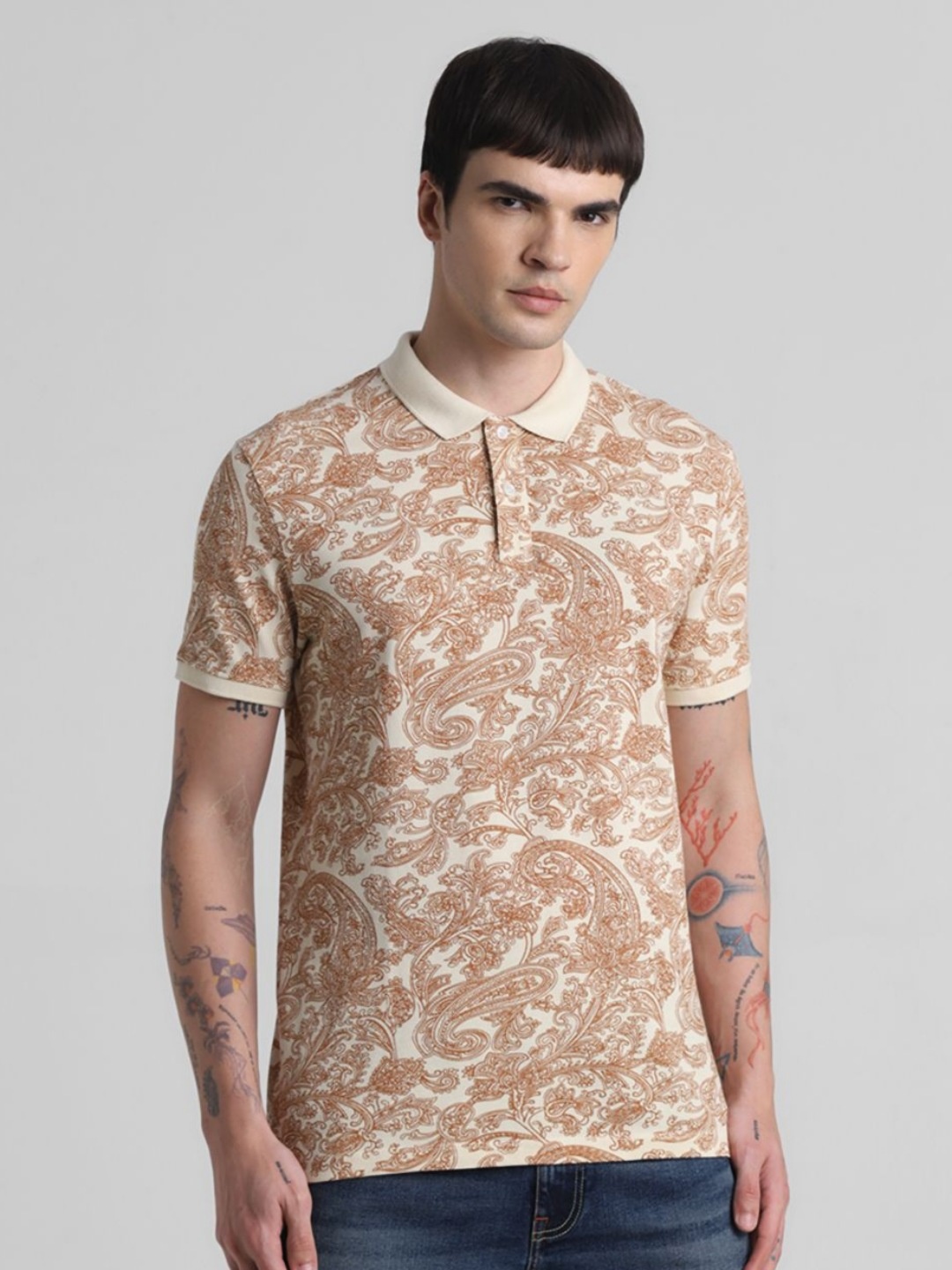 

Jack & Jones Men Floral Printed Polo Collar Cotton T-shirt, Beige